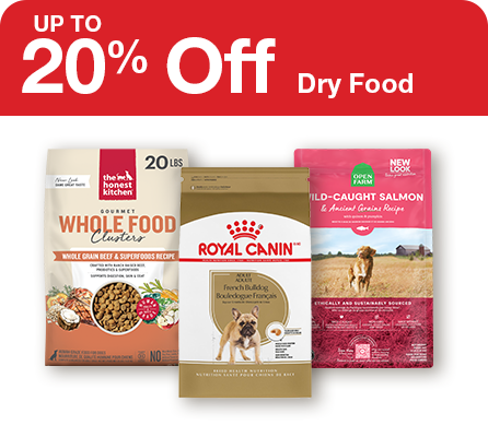"Up to 20% off dry dog food", three bags of dog food