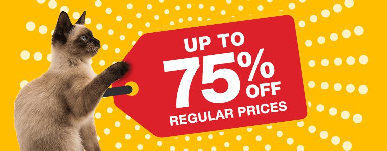 Yellow background with white dots and red price tag that says "up to 75% off regular prices" with a cat image