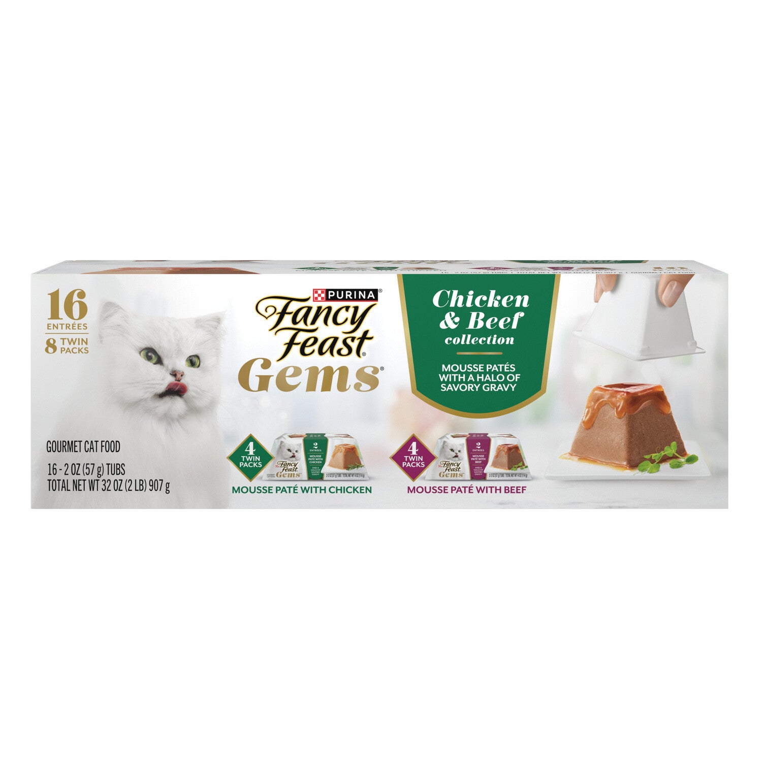 Fancy Feast Gems Pate Wet Cat Food Mousse Chicken Or Beef And A Halo Of Savory Gravy Variety Pack, 2-Ounce Tub 16-Pack