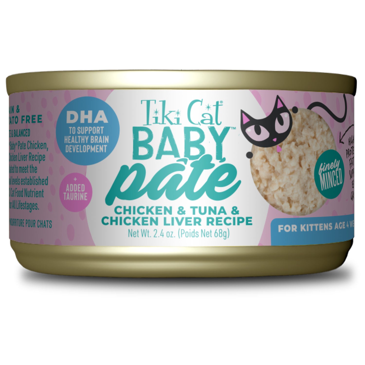 Tiki Cat Baby Pate Wet Cat Food For Kittens, Chicken, Tuna & Chicken Liver, 2.4-Oz Can Pack Of 12