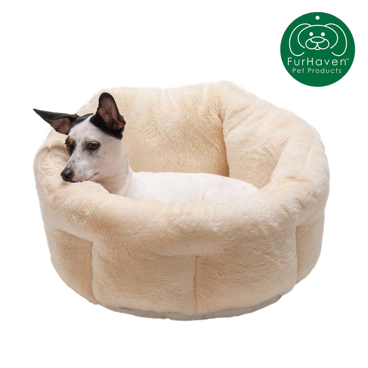 Furhaven Luxury Faux Fur Warming Hi Lo Cuddler Dog Bed - Cream