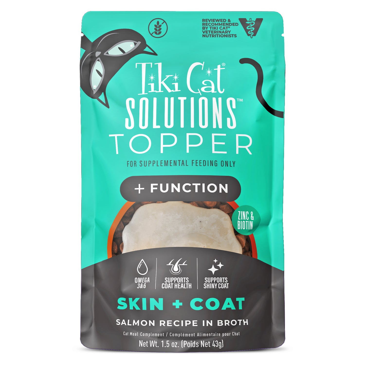 Tiki Cat Solutions Topper, Skin + Coat, Salmon Recipe In Broth, 1.5-Oz Pouch Pack Of 12
