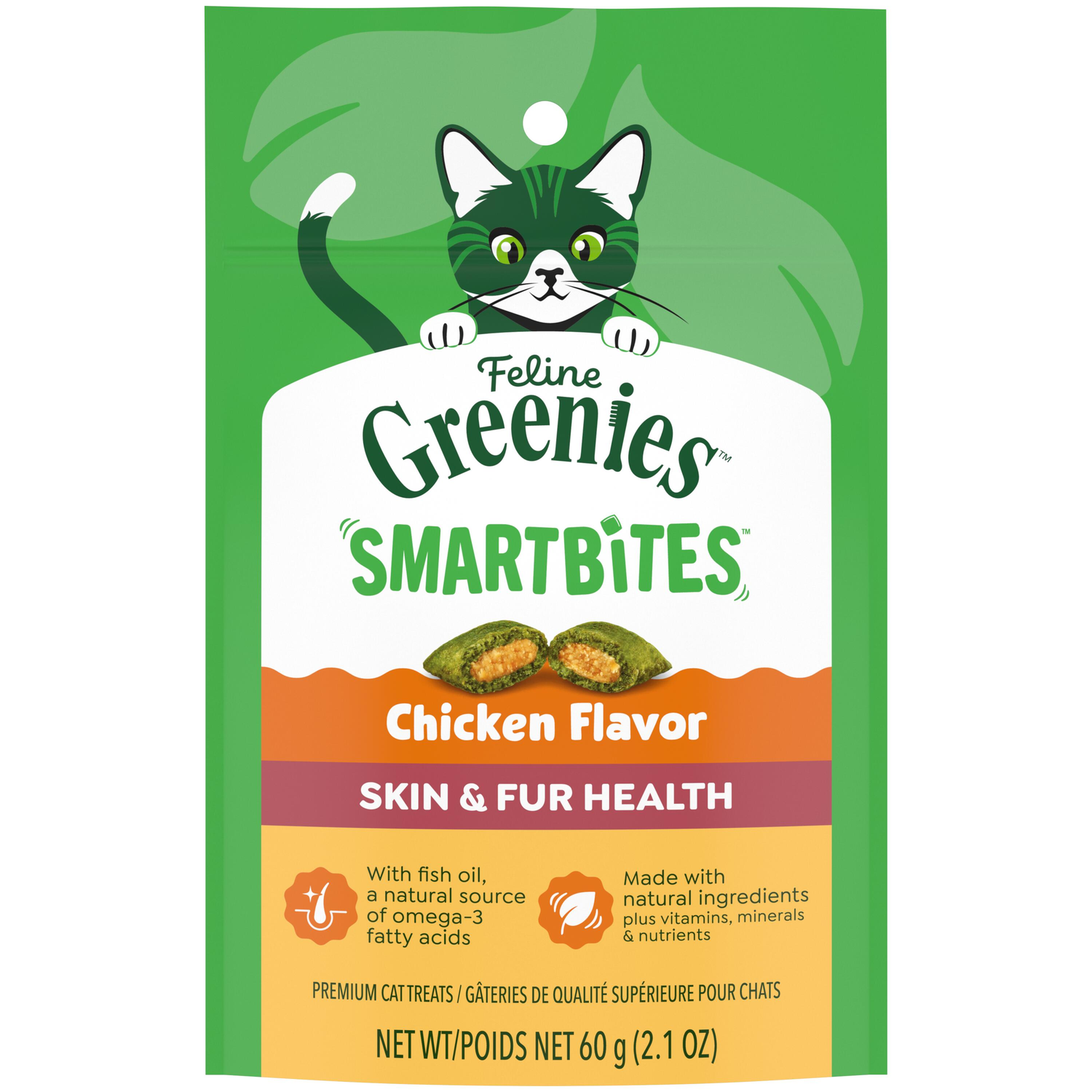 Greenies Feline Smartbites Skin & Fur Health Chicken Flavor Cat Treats, 2.1-Oz