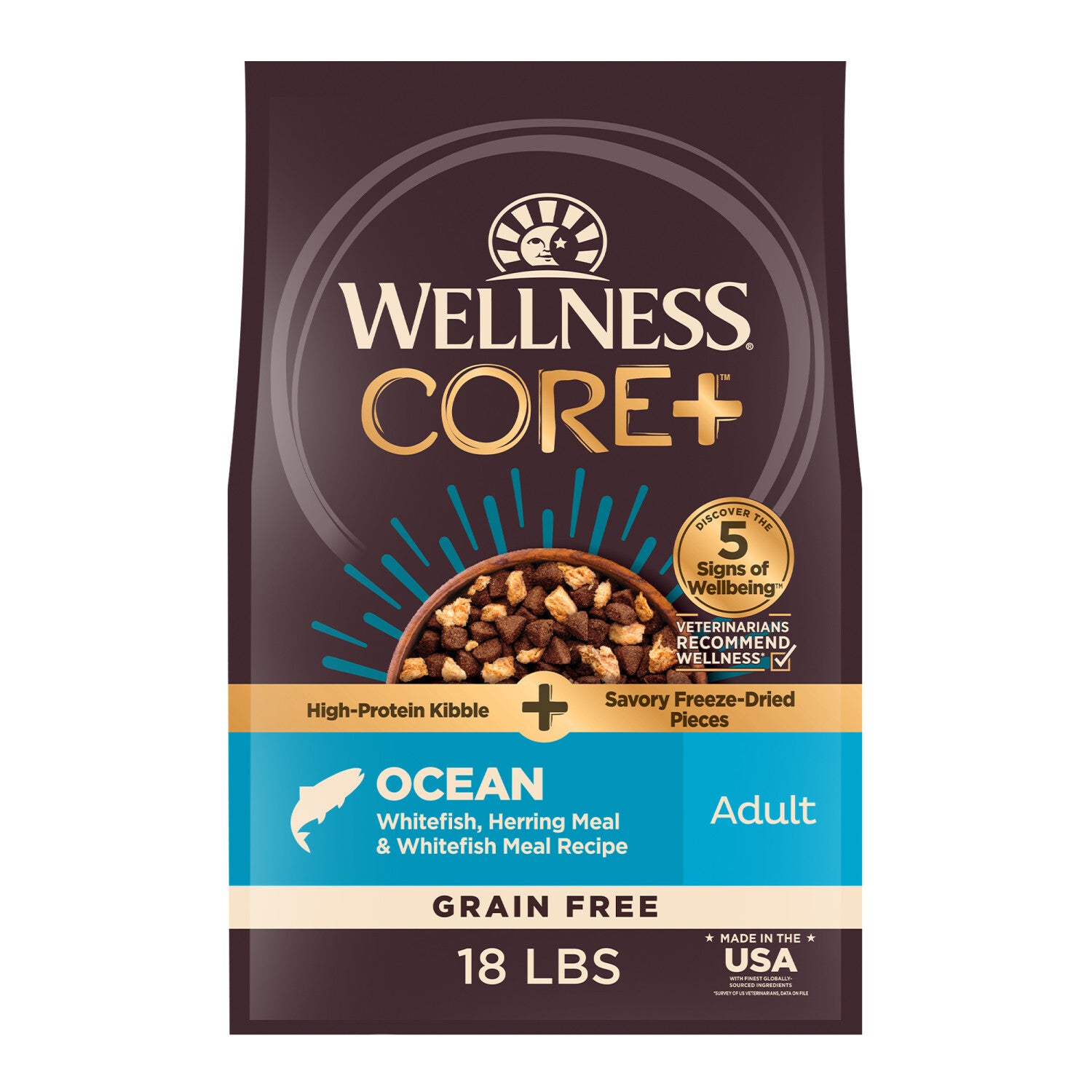Wellness Core+ Dry Dog Food With Freeze Dried Pieces, Grain Free, High Protein, Natural, Ocean Whitefish, Herring, & Salmon Recipe, 18-Pound Bag
