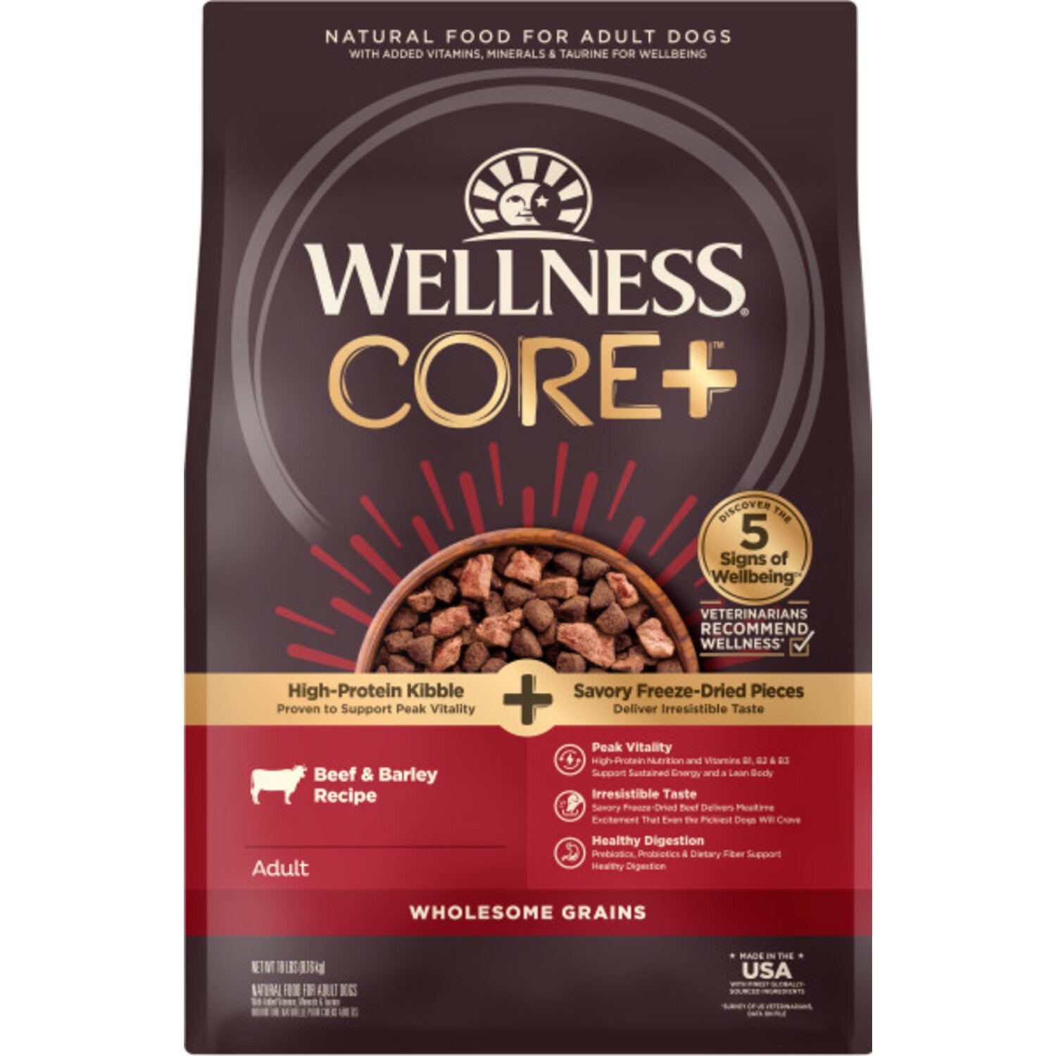 Wellness Core+ Dry Dog Food With Freeze-Dried Pieces, Wholesome Grains, High Protein, Natural Beef & Barley Recipe, 4-Lb