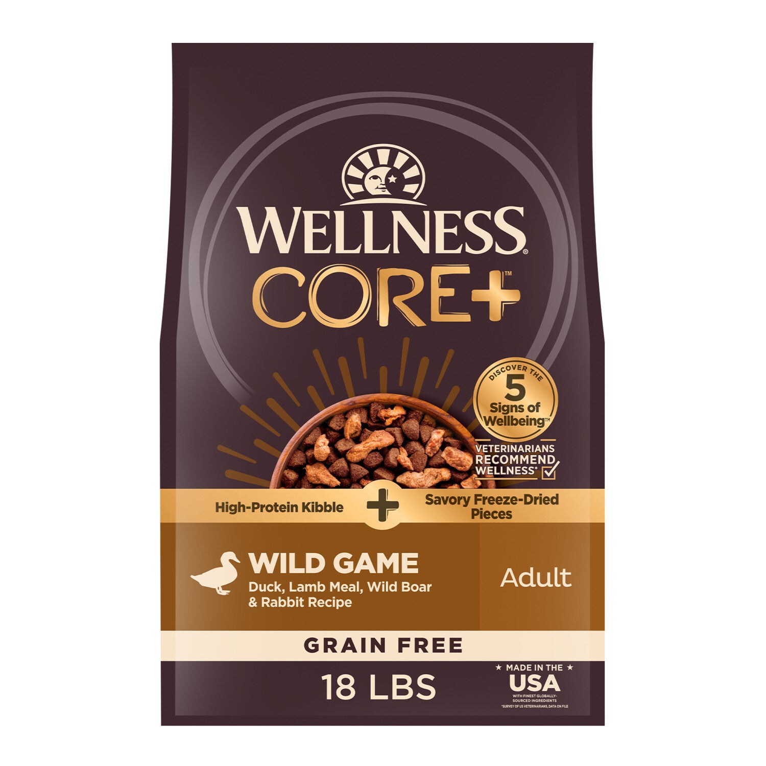 Wellness Core+ Dry Dog Food With Freeze Dried Pieces, Grain Free, High Protein, Natural, Wild Game Duck, Lamb, Wild Boar, & Rabbit Recipe, 18-Pound Bag