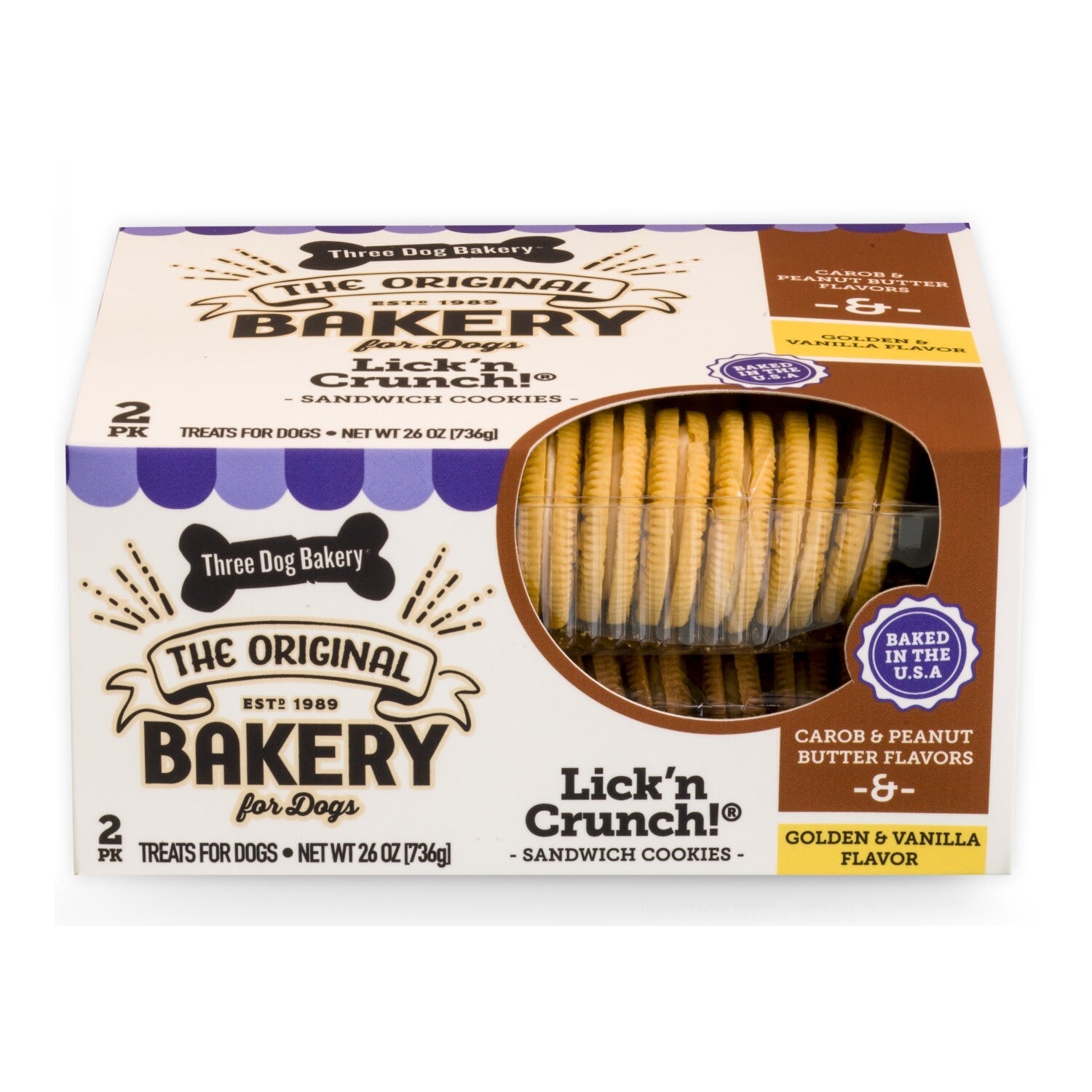 Three Dog Bakery Lick'n Crunch! Sandwich Cookies - Carob & Peanut Butter Flavours And Golden & Vanilla Flavour Dog Treat
