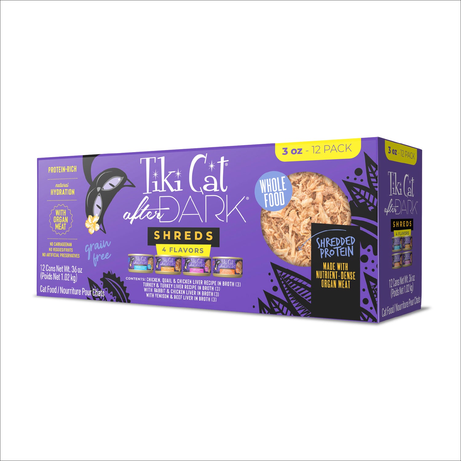 Tiki Cat After Dark Shreds Whole Foods Wet Cat Food, Variety Pack, 3 Oz. Can (12 Count)