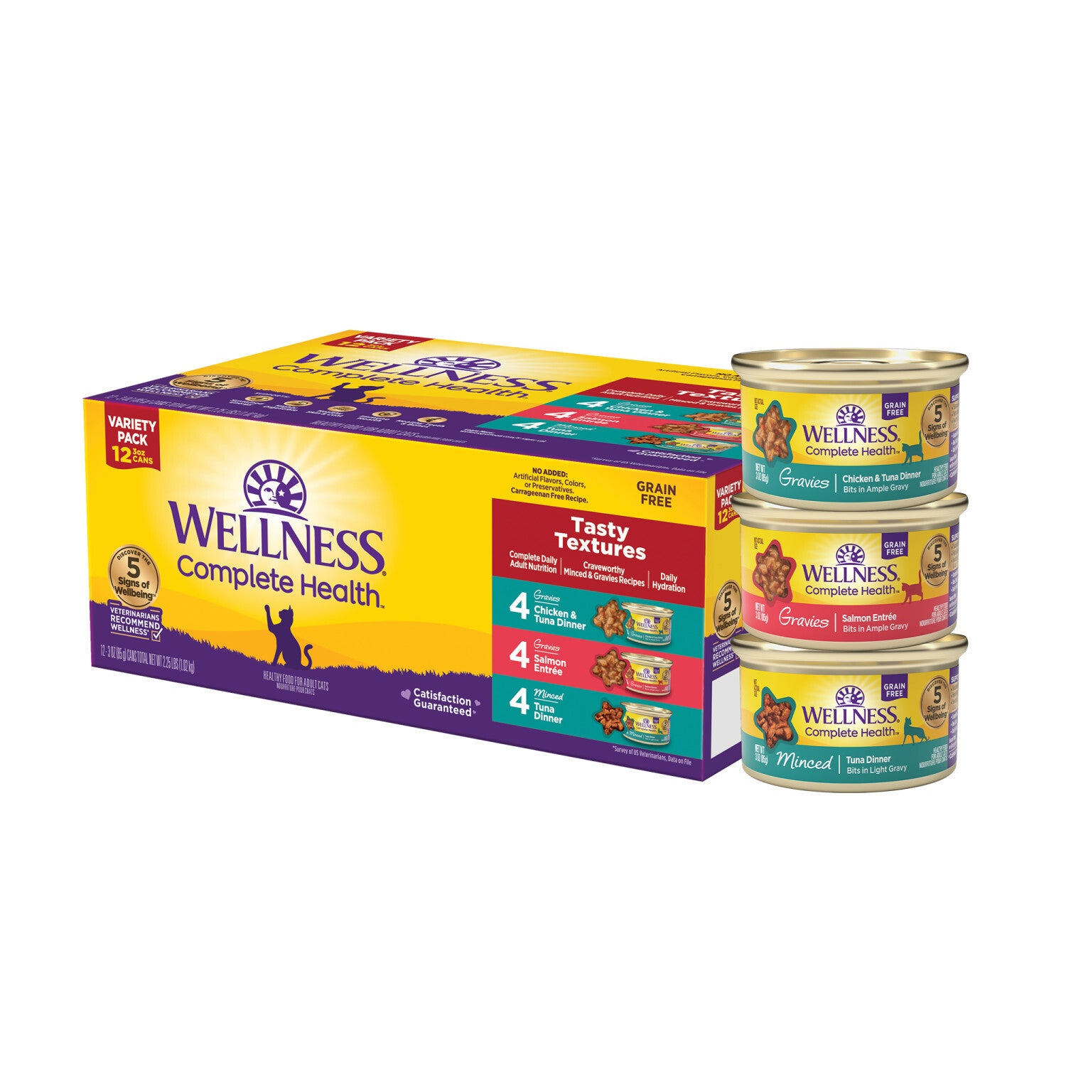 Wellness Complete Health Tasty Textures Adult Wet Cat Food, Natural, Protein-Rich, Grain-Free Salmon, Tuna, And Chicken Variety Pack, 3-Oz Pack Of 12