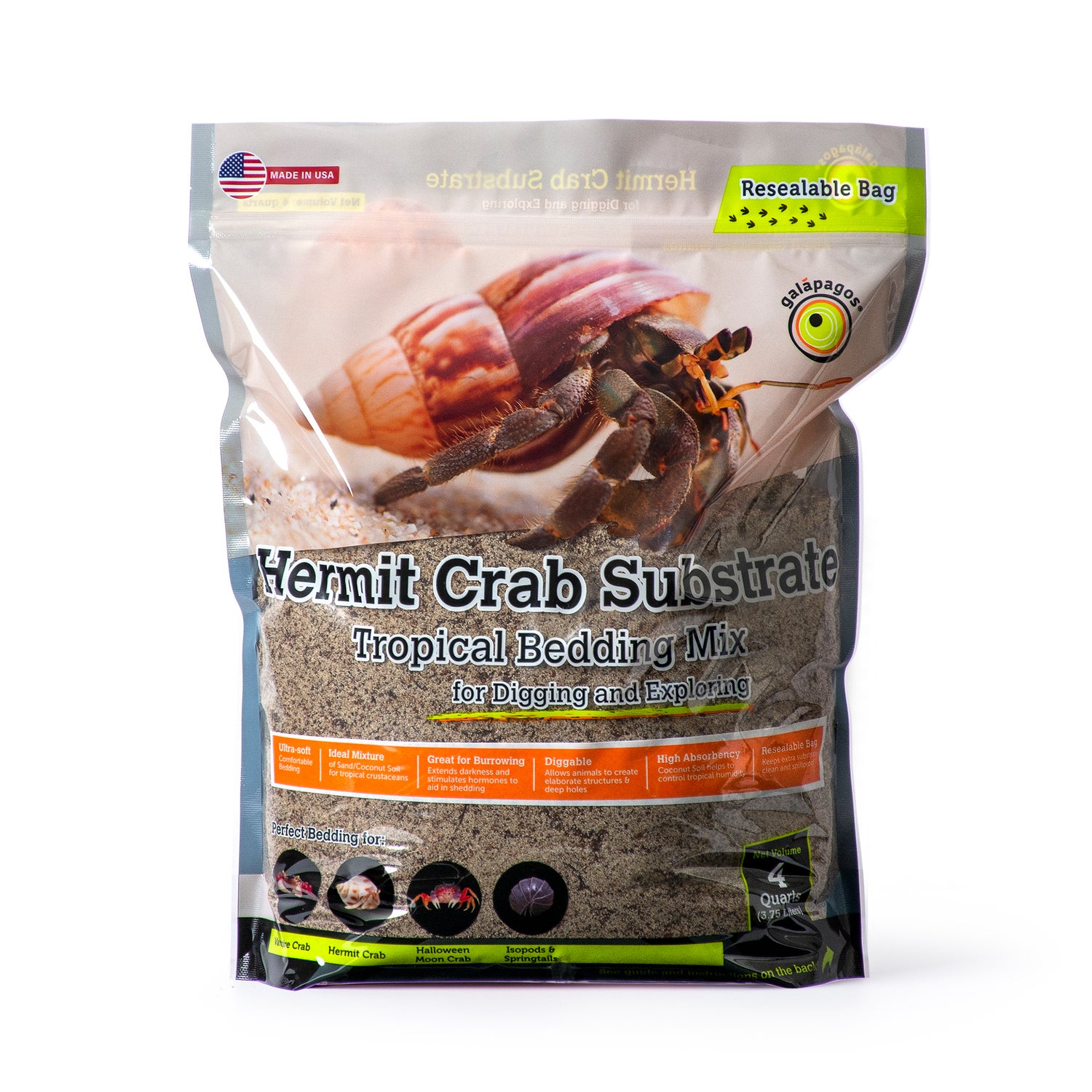 Galápagos Hermit Crab Substrate, Soil & Sand, 4Qt Stand-Up Pouch