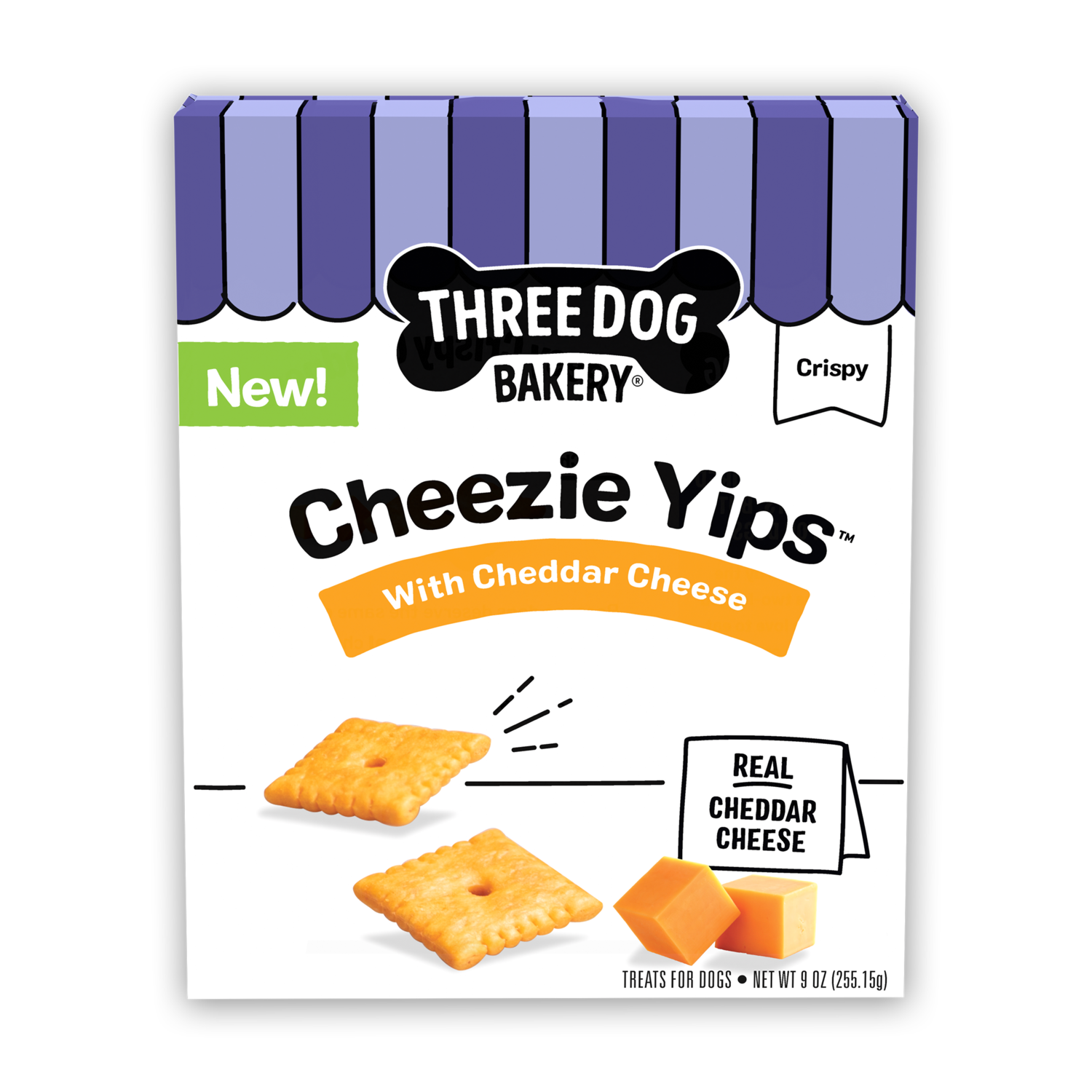Three Dog Bakery Cheezie Yips Crunchy Cheddar Cheese Biscuits Dog Treats, 9-Oz