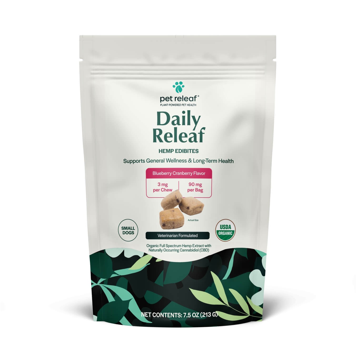Pet Releaf Daily Releaf Organic Cbd Hemp Edibles Small Dog Soft Chews For Daily Wellness - Blueberry Cranberry, 7.5 Oz