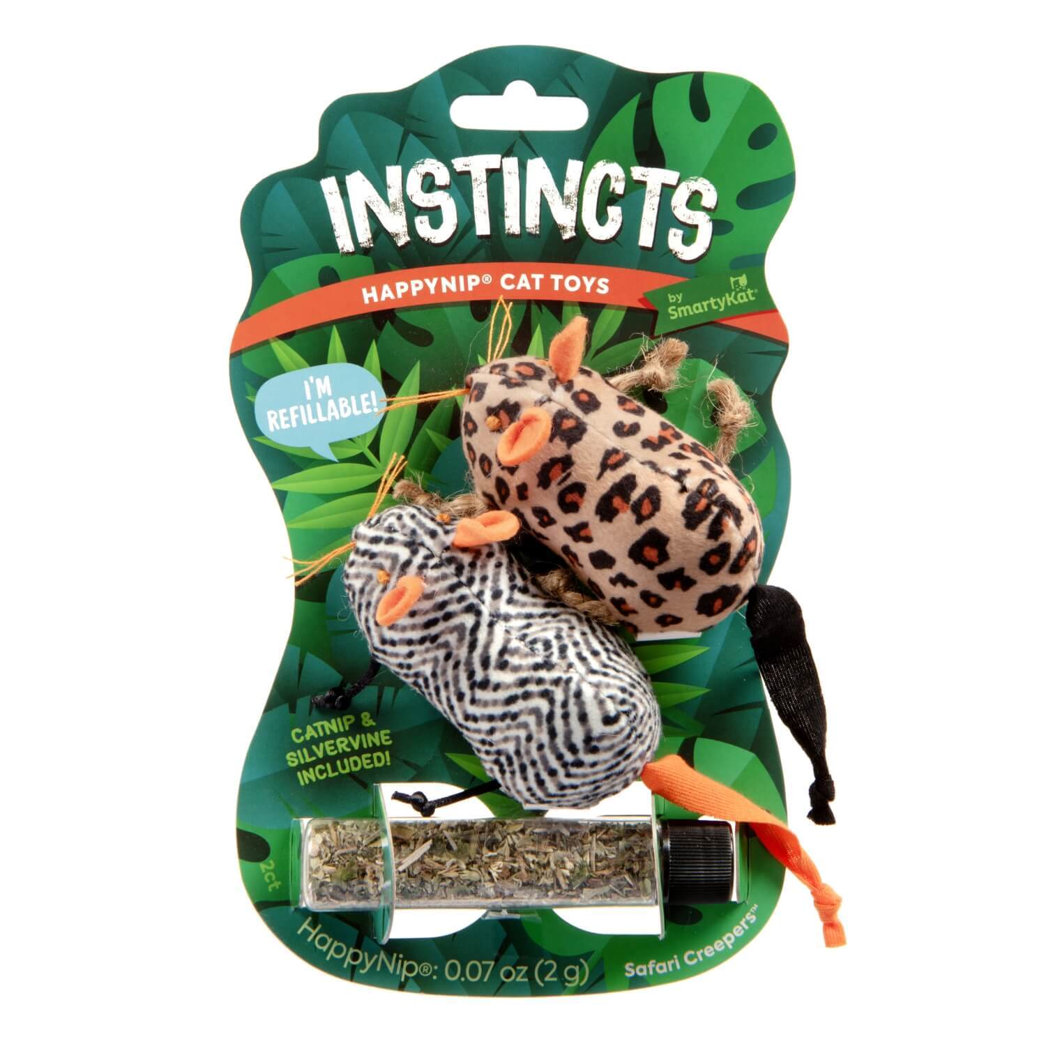 Instincts By Smartykat® Safari Creepers™ Happynip® Catnip & Silvervine Refillable Plush Rat Cat Toys With Tube Of Happynip®