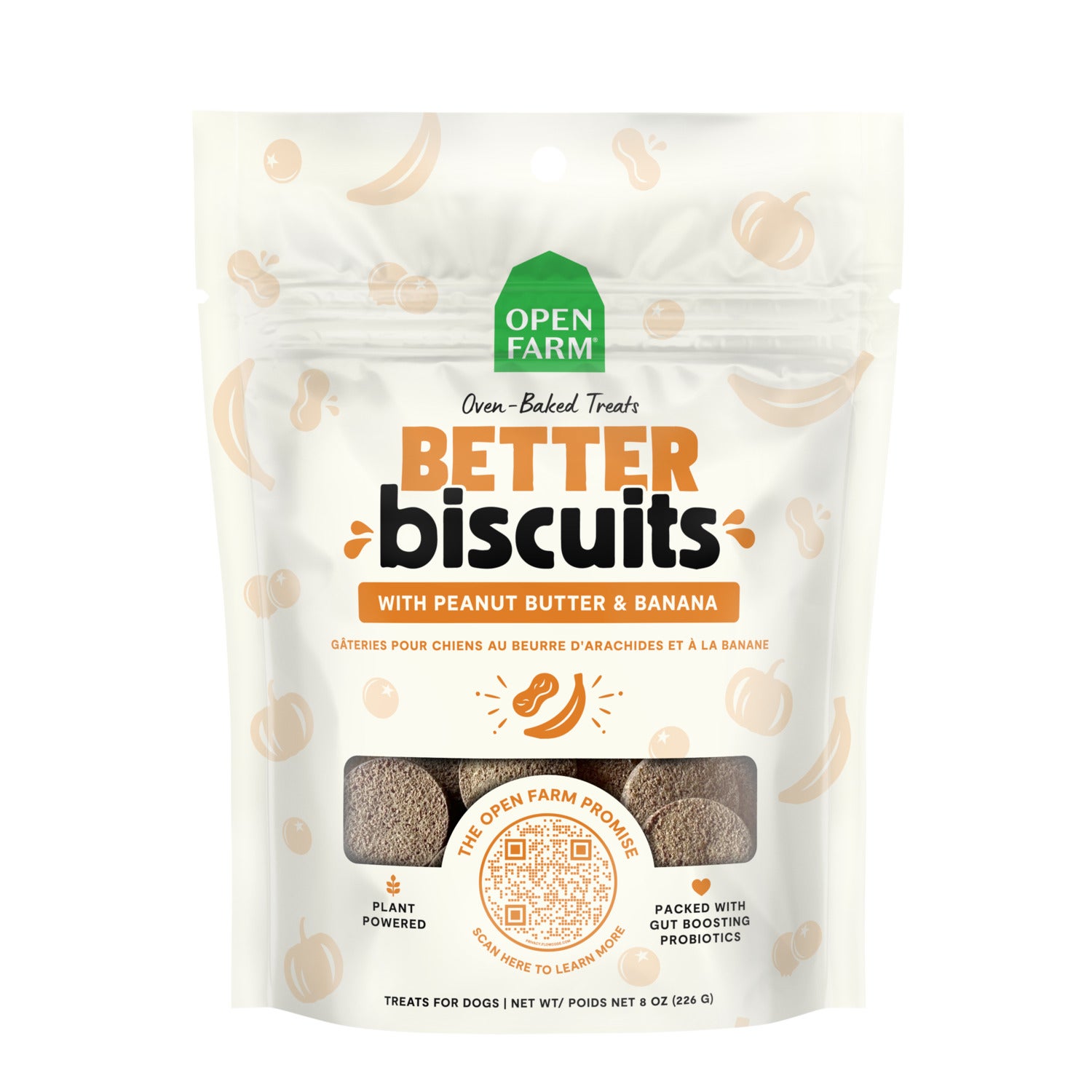 Open Farm Better Biscuits Peanut Butter & Banana Crunchy Dog Treats, 8Oz
