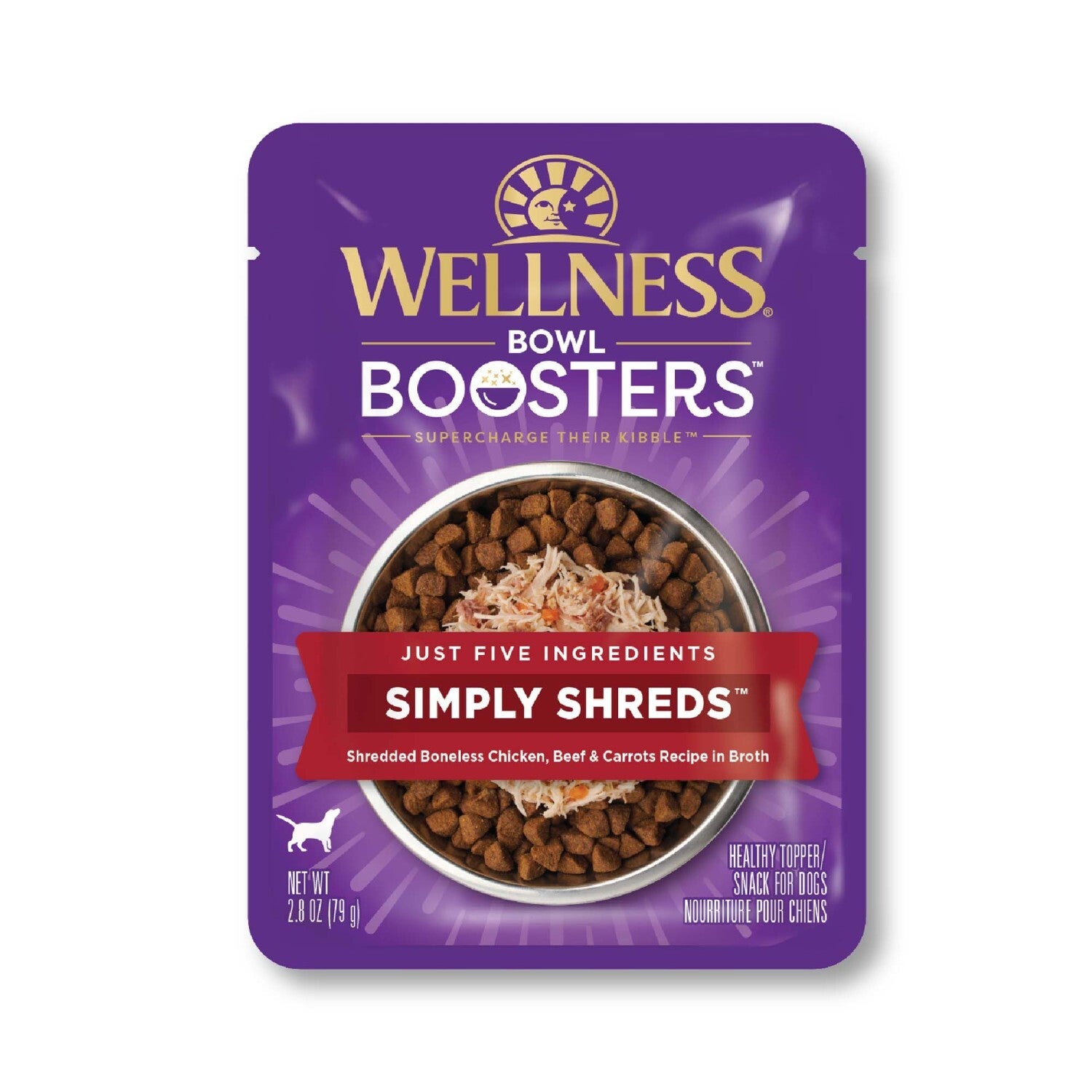 Wellness Bowl Boosters Simply Shreds Grain-Free Wet Dog Food Topper, Chicken, Beef & Carrots Recipe, 2.8-Oz Pack Of 12