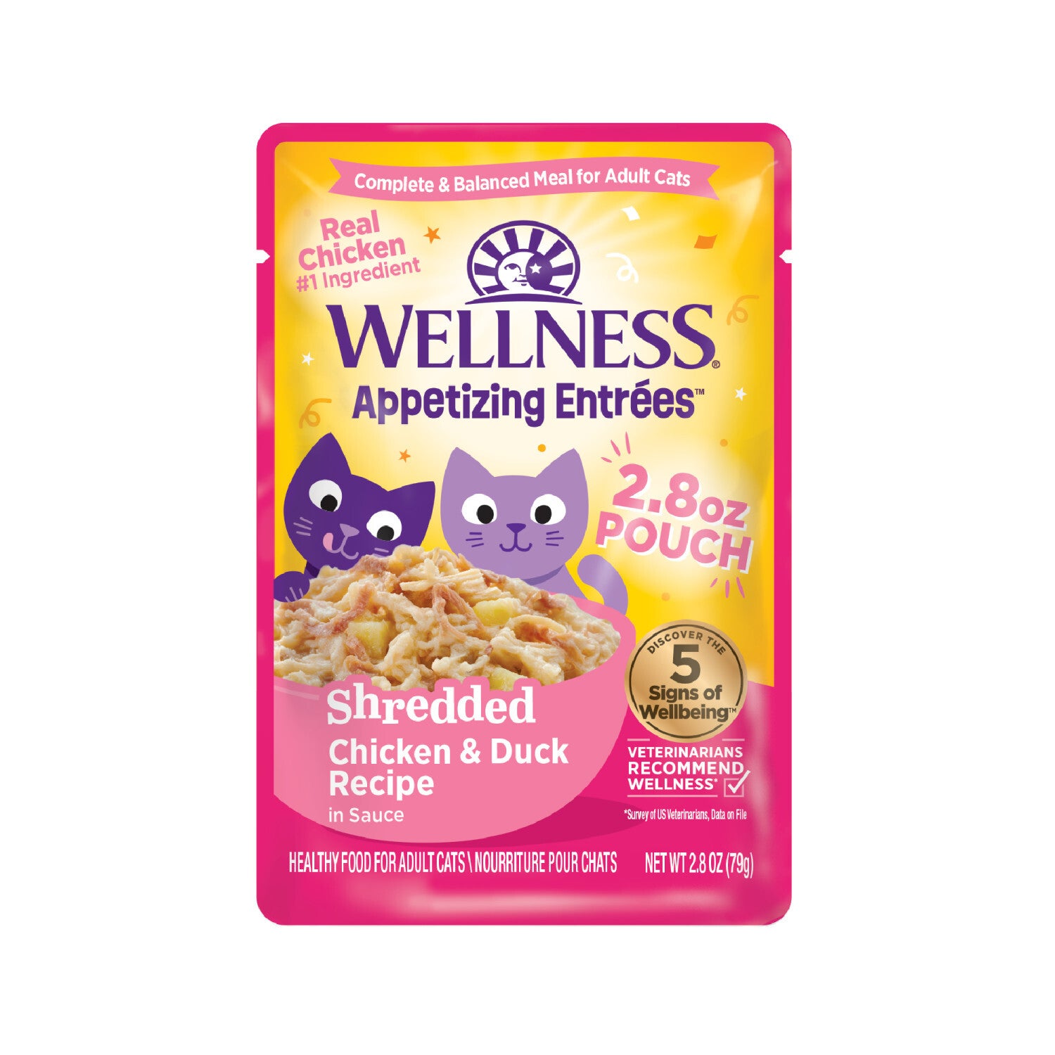 Wellness Appetizing Entrées Shredded Adult Wet Cat Food, Natural, Protein-Rich, Grain Free Chicken & Duck Recipe, 2.8 Ounce Pouch