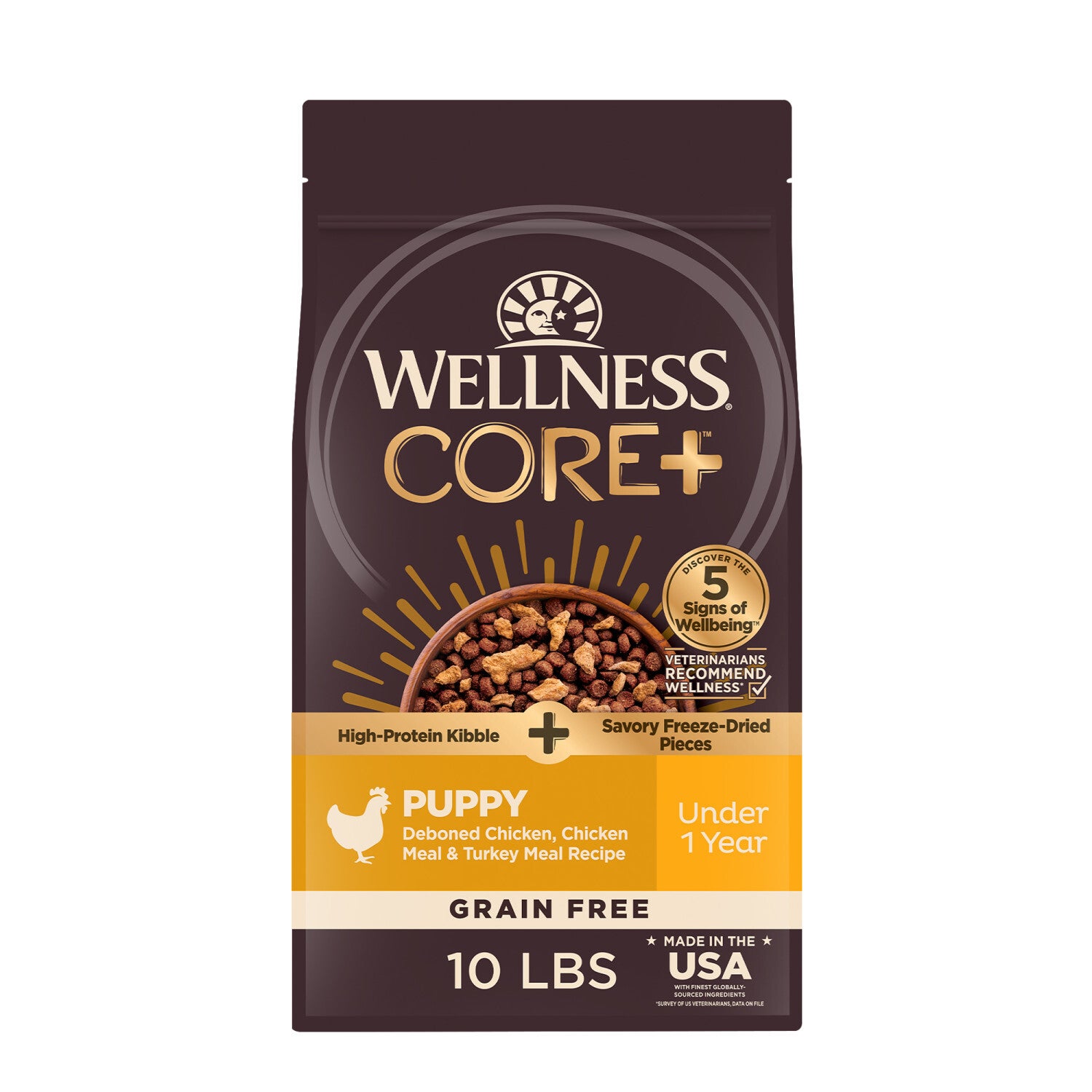 Wellness Core+ Puppy Dry Dog Food With Freeze Dried Pieces, Grain Free, High Protein, Natural, Chicken & Turkey Recipe, 10-Pound Bag