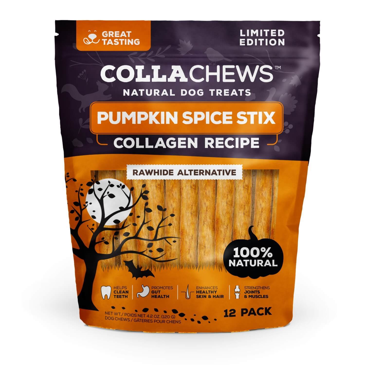 Collachews Pumpkin Spice Collagen Sticks Limited Ingredient Dog Treat, 12-Pack