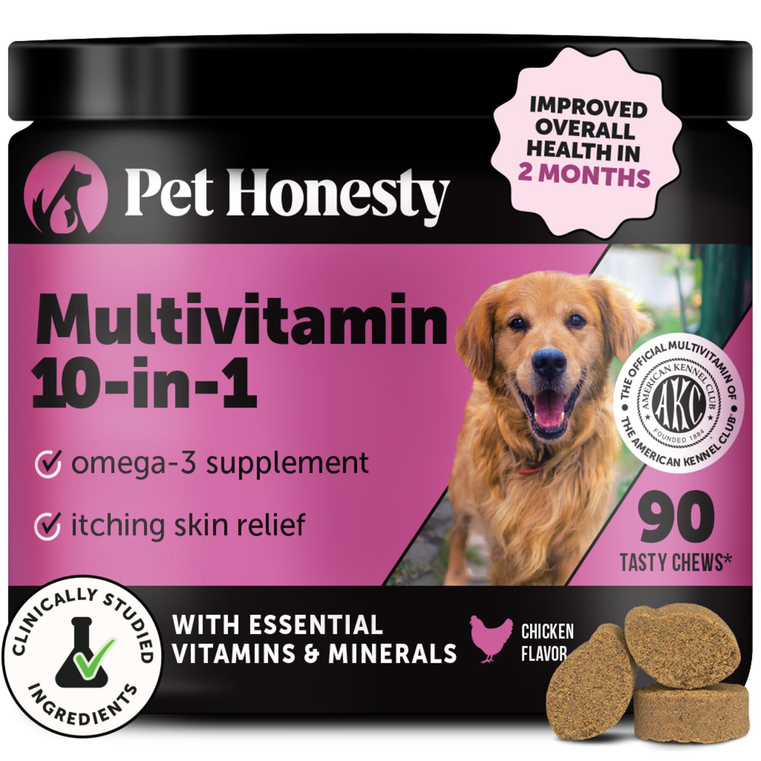 Pet Honesty Multivitamin 10-In-1 Dog Supplement Chews, Chicken Flavor, 90-Count