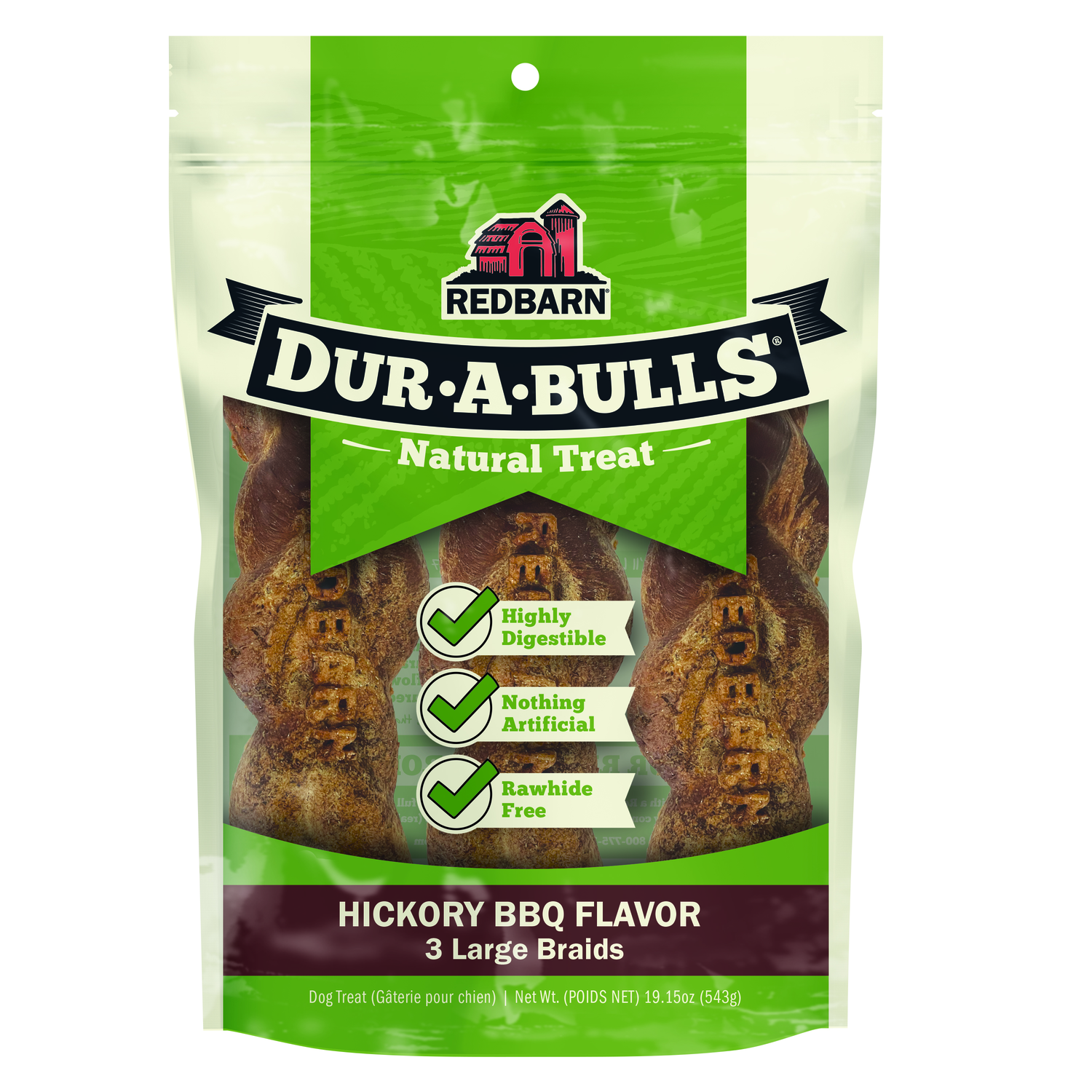 Redbarn Dur-A-Bulls® Hickory Bbq Braid Rawhide Alternative Dental Dog Treats, Large, 3-Pk
