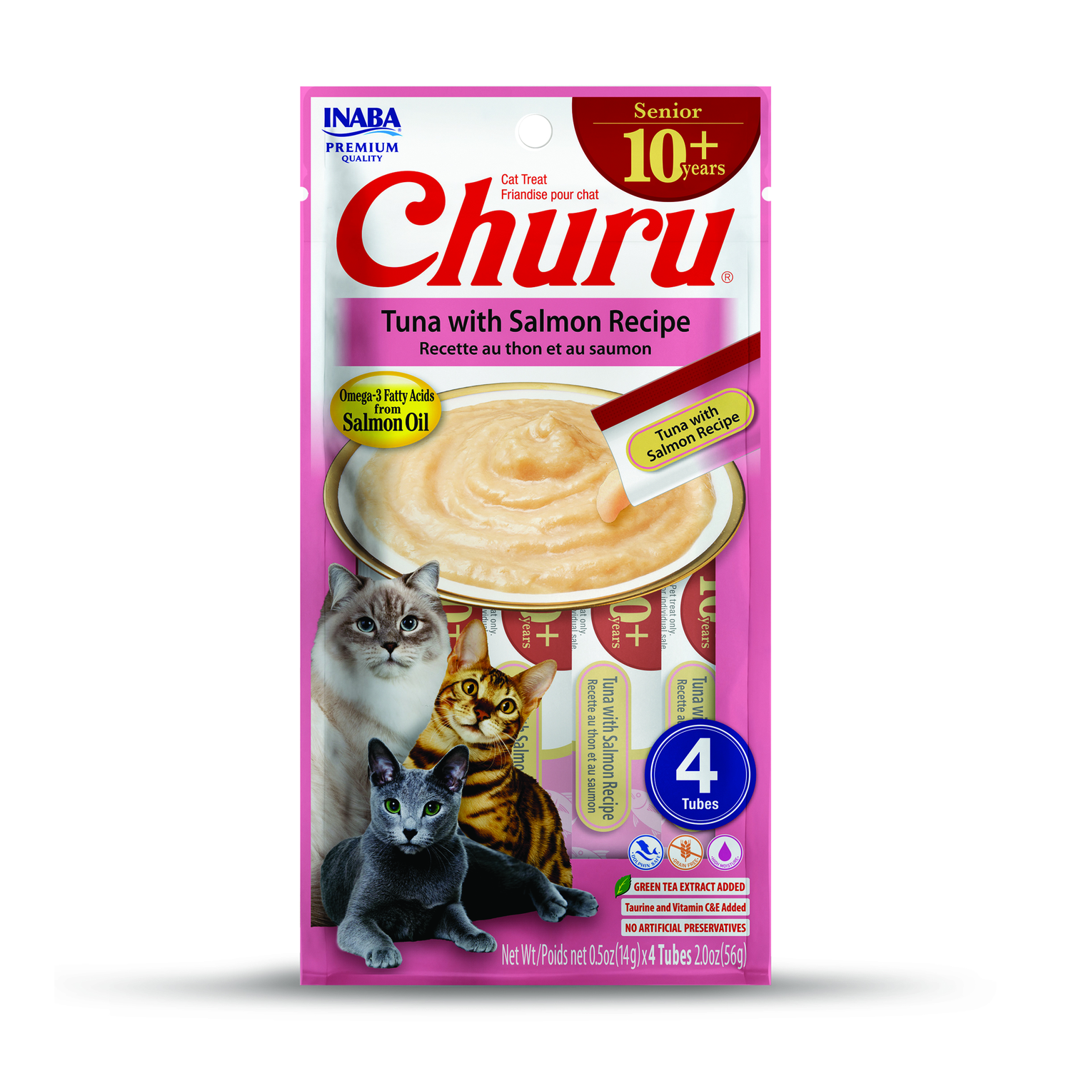 Inaba Churu Senior 10+ Lickable Purée Tuna With Salmon Recipe Cat Treats, 0.5-Oz Tubes, 4 Count