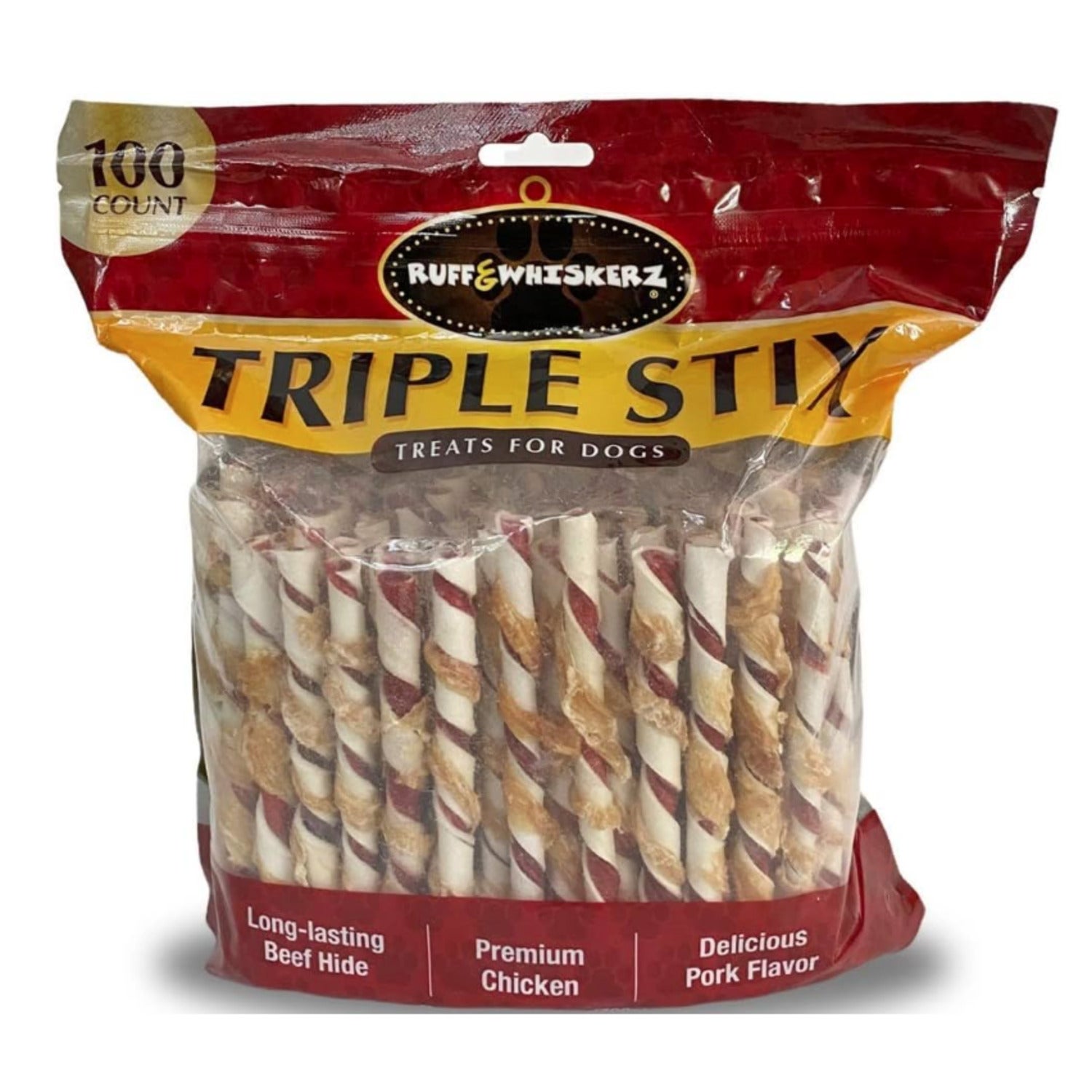 Ruff & Whiskerz Triple Stix Rawhide Chews With Chicken & Pork Dog Chew Treats, 100 Count