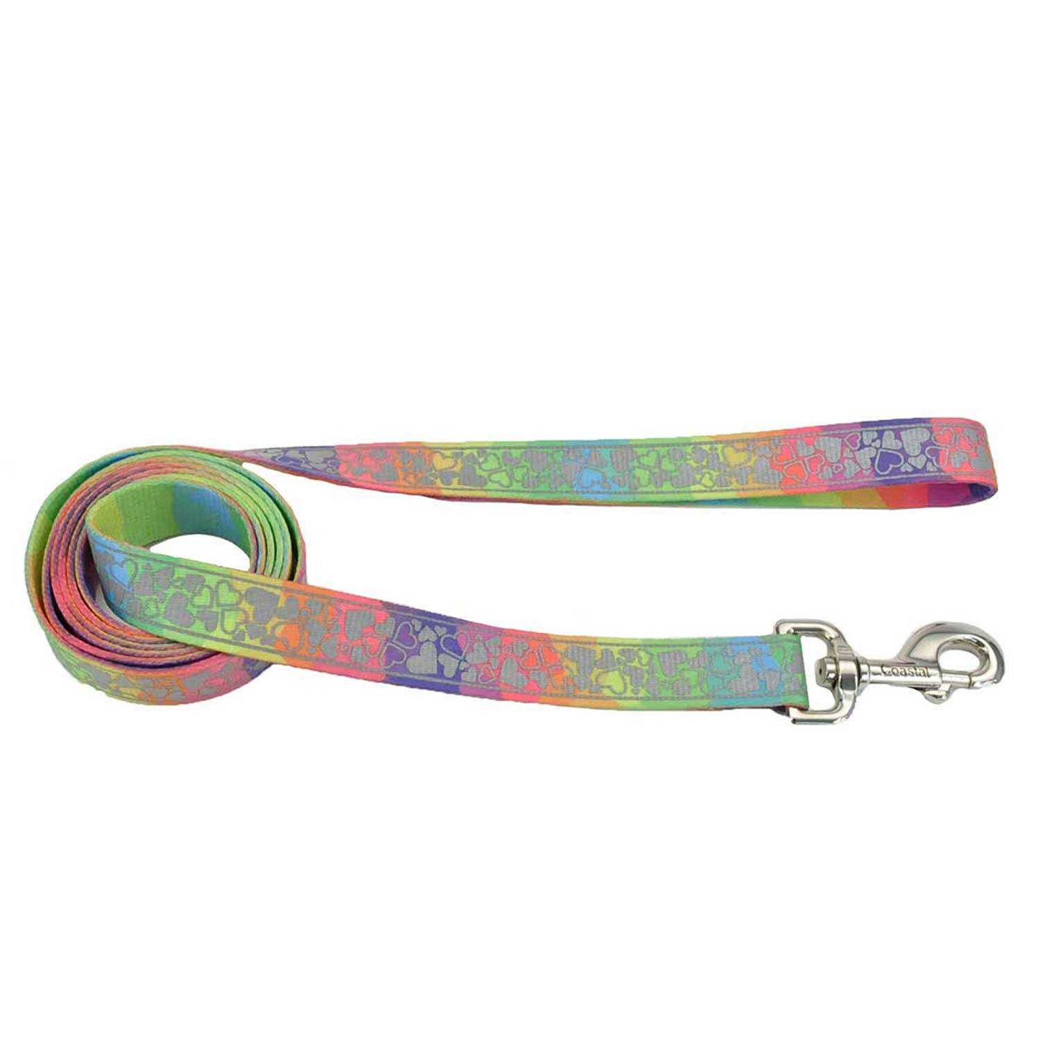 Coastal Pet Products Lazerbrite Patterned 6 Foot Dog Leash, Rainbow Hearts, 5/8