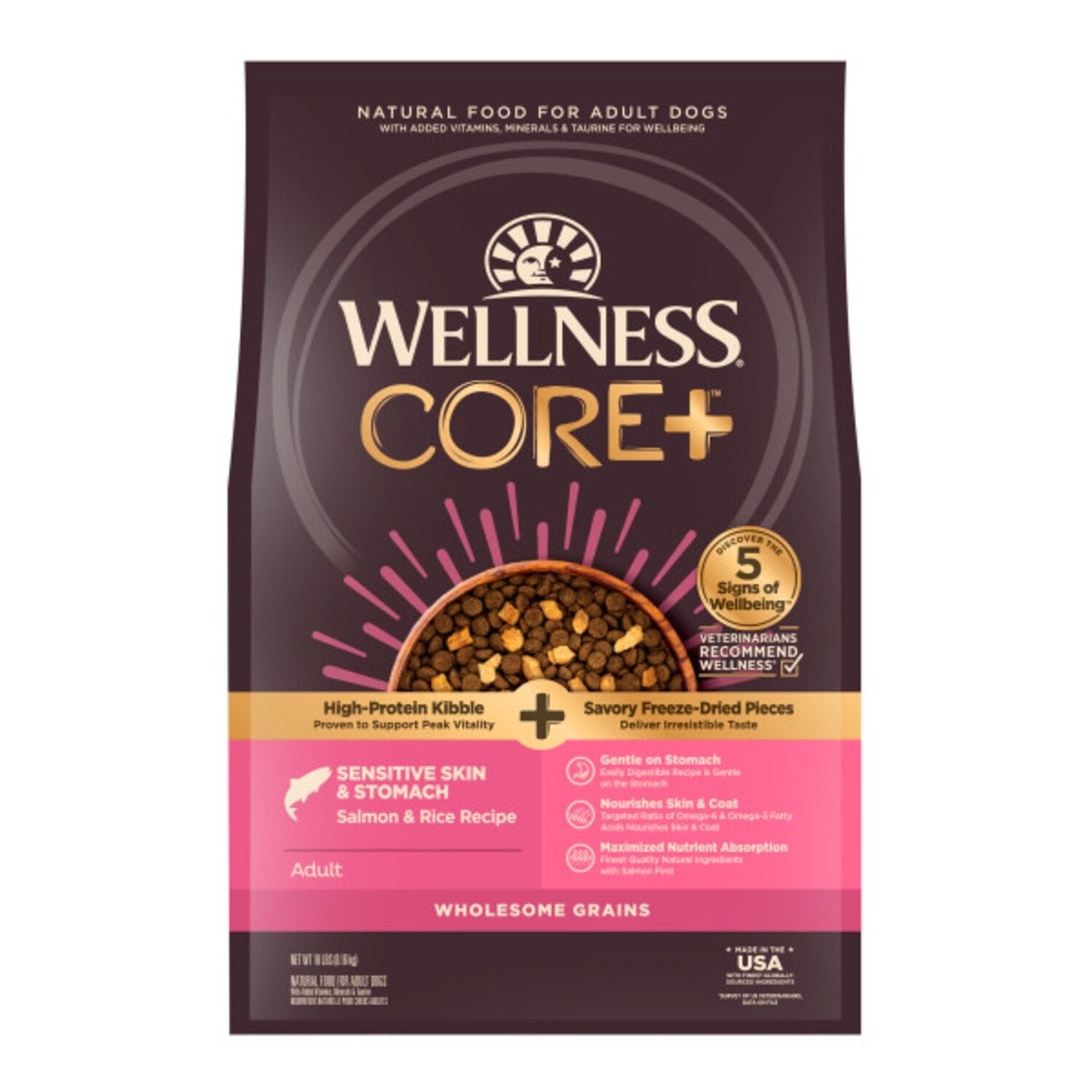 Wellness Core+ Sensitive Skin & Stomach Dry Dog Food With Freeze-Dried Pieces, Wholesome Grains, High Protein, Natural Salmon & Rice Recipe, 18-Lb