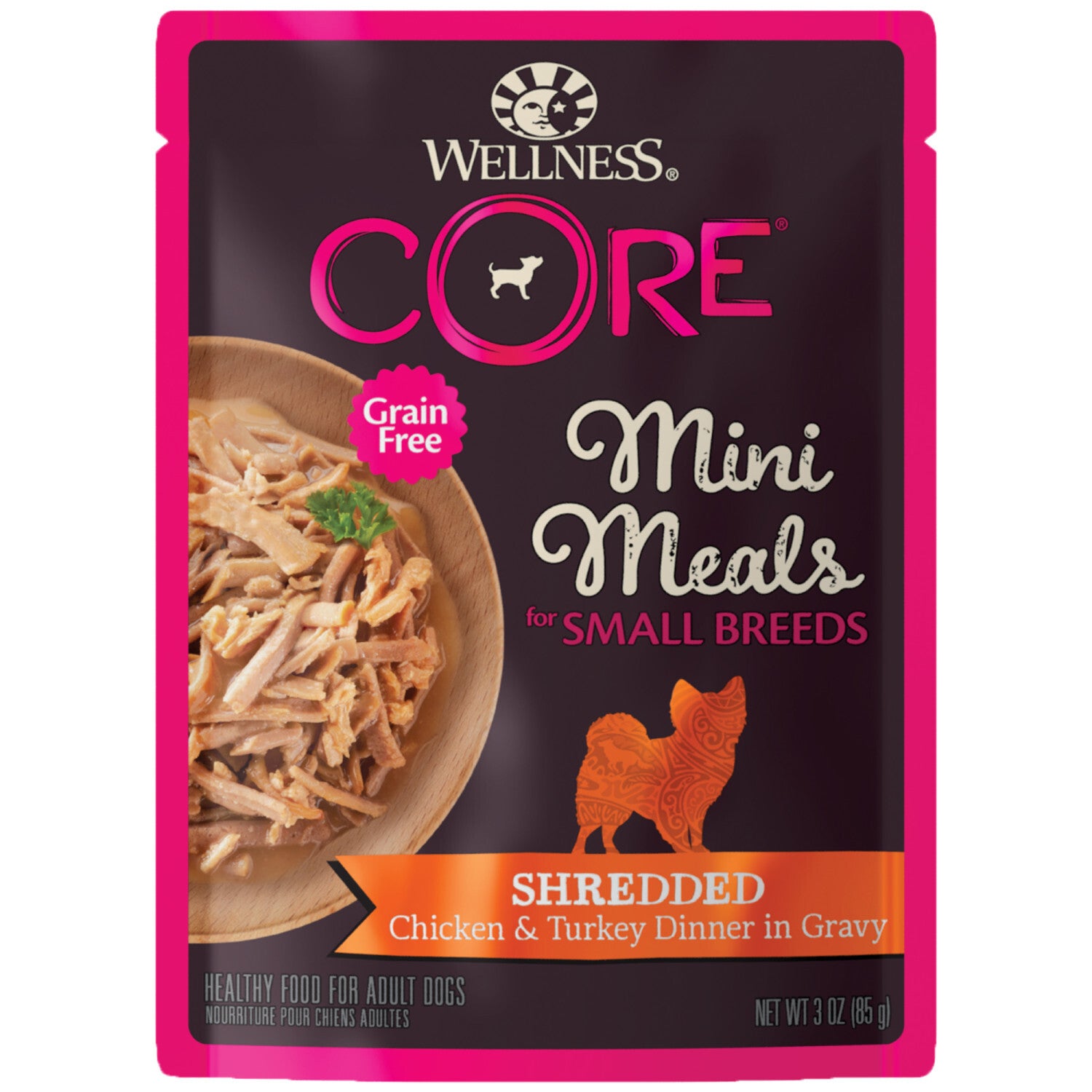 Wellness Core Natural Grain-Free Small Breed Mini Meals Wet Dog Food, Shredded Chicken & Turkey Dinner In Gravy, 3-Ounce Pouch