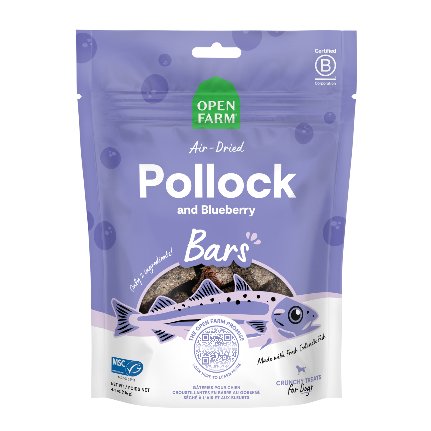 Open Farm Air-Dried Pollock And Blueberry Crunchy Bars Dog Treats, 4.1-Oz