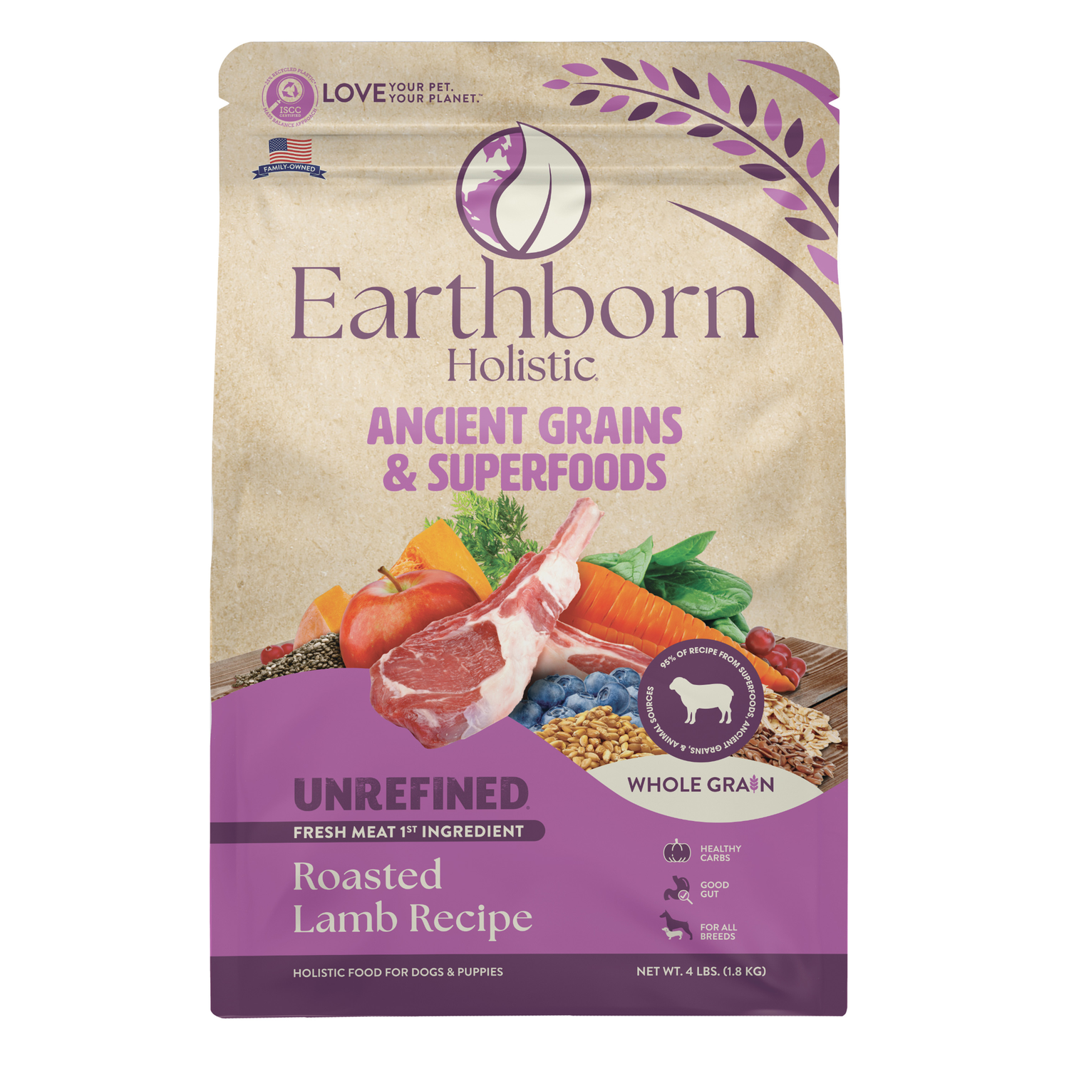 Earthborn Holistic Unrefined Roasted Lamb With Ancient Grains & Superfoods Dry Dog Food. 4-Lb Bag