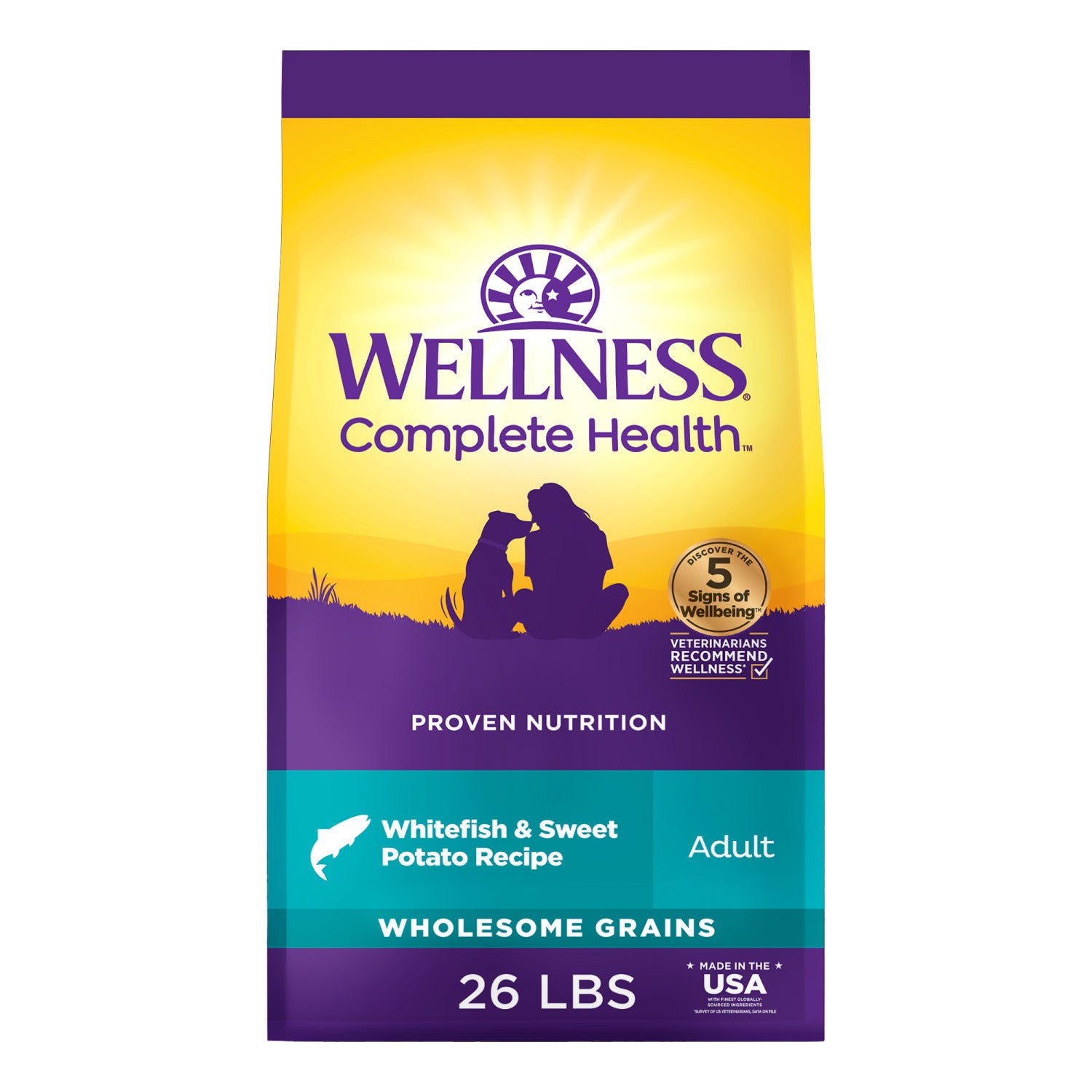 Wellness Complete Health Dry Dog Food, Wholesome Grains, Natural, Whitefish & Sweet Potato Recipe, 26-Pound Bag