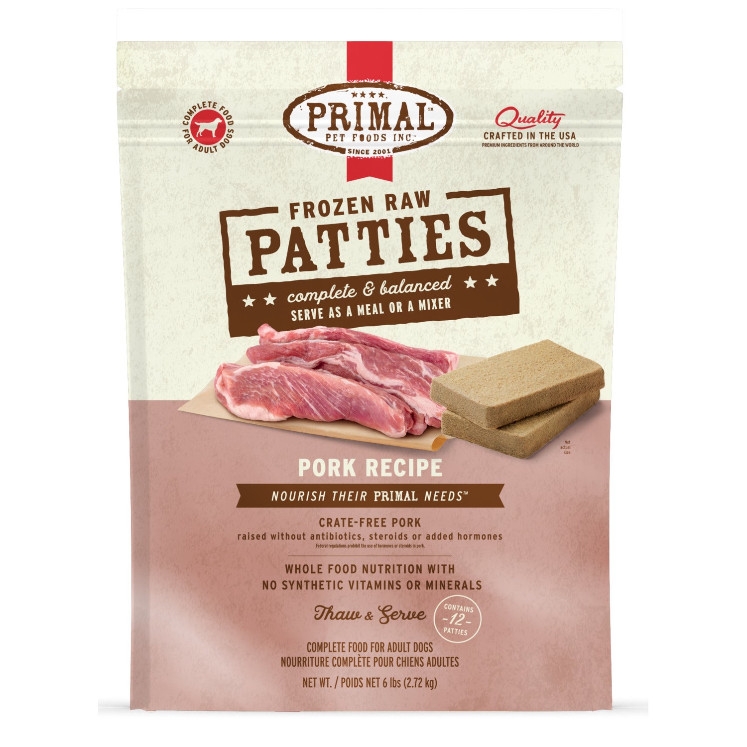 Primal Raw Patties Frozen Dog Food, Pork Recipe - 6Lb