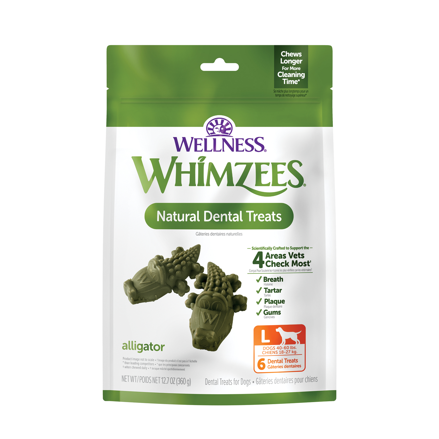 Whimzees Grain-Free Alligator Dental Treats, For Large Dogs 40-60 Lbs, 6-Ct