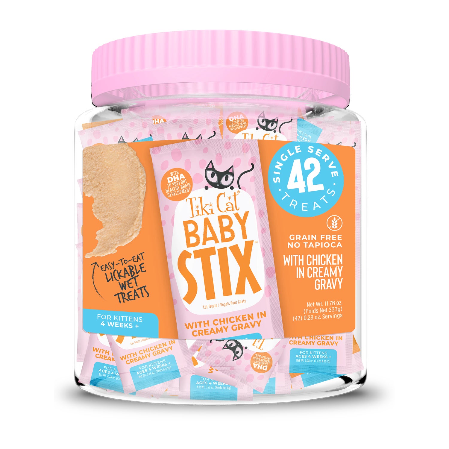 Tiki Cat Baby Stix Lickable Cat Treats, Chicken In Creamy Gravy, 42 0.28-Oz. Sachets Jar