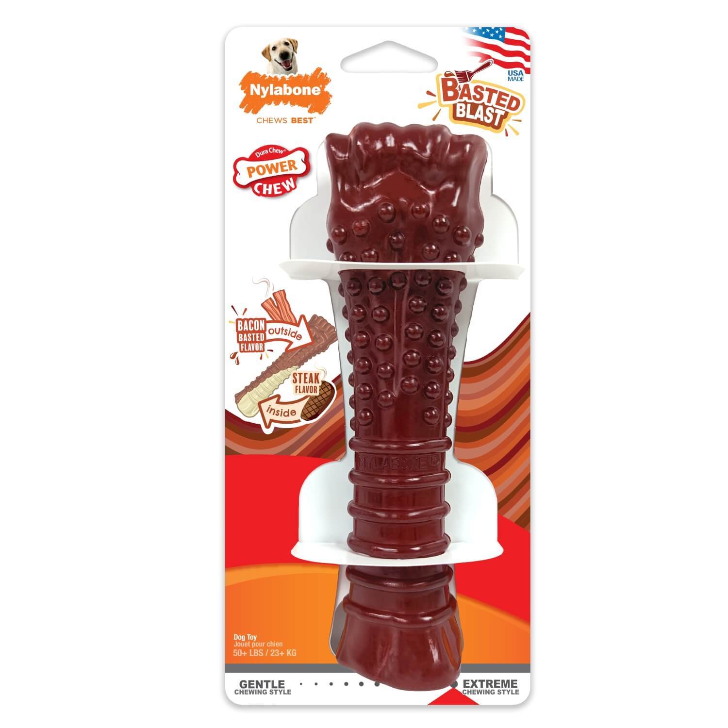 Nylabone Power Chew Basted Blast Dual Flavored Dog Chew Toy - Bacon & Steak Flavors