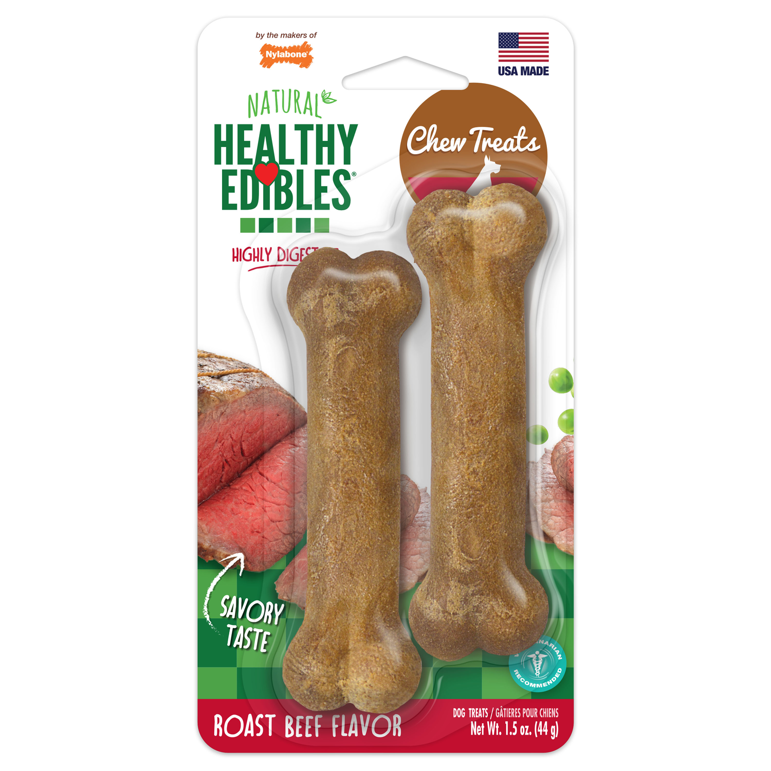 Nylabone Healthy Edibles All-Natural Long Lasting Chew Dog Treats, Roast Beef, Extra Small, 2 Count