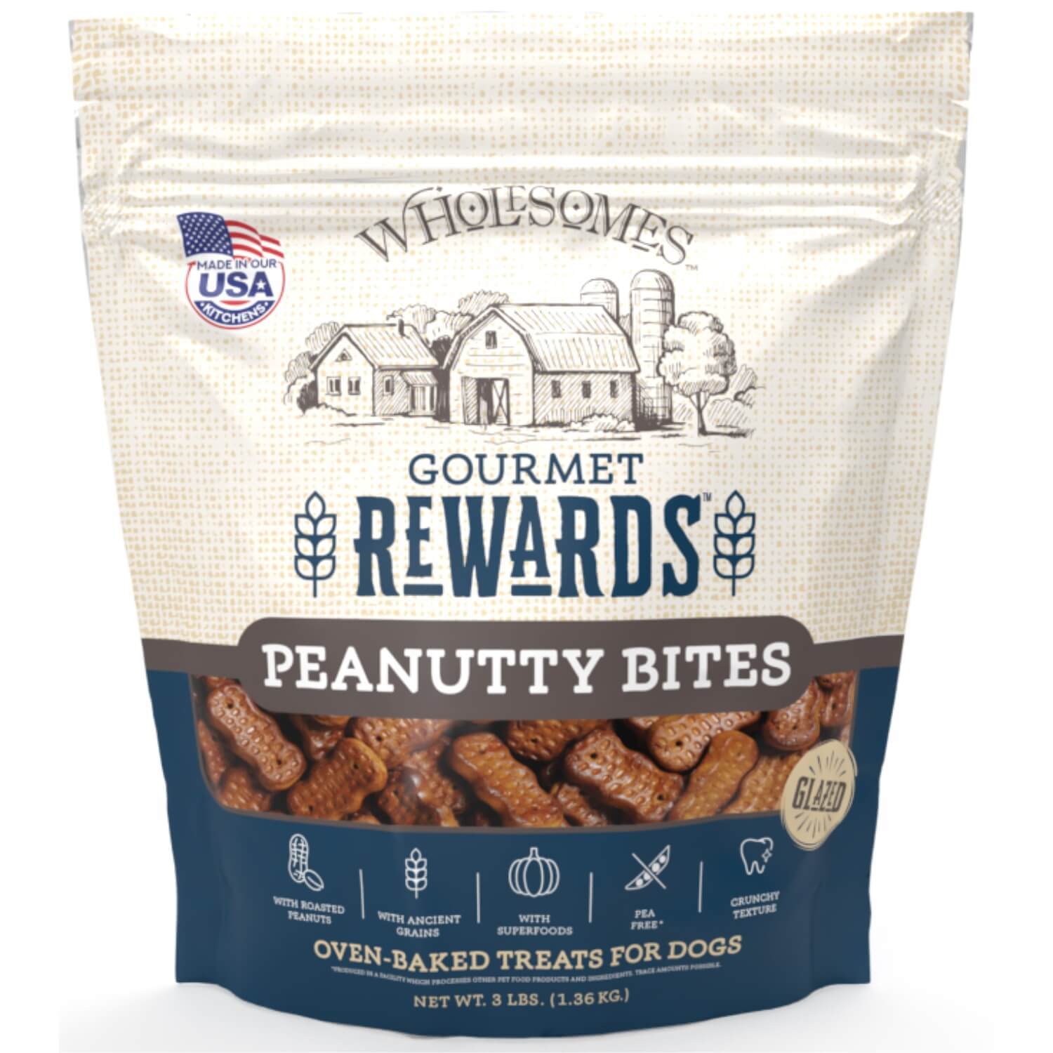 Wholesomes Gourmet Rewards Peanutty Bites Crunchy Dog Treats, 3-Lb Bag