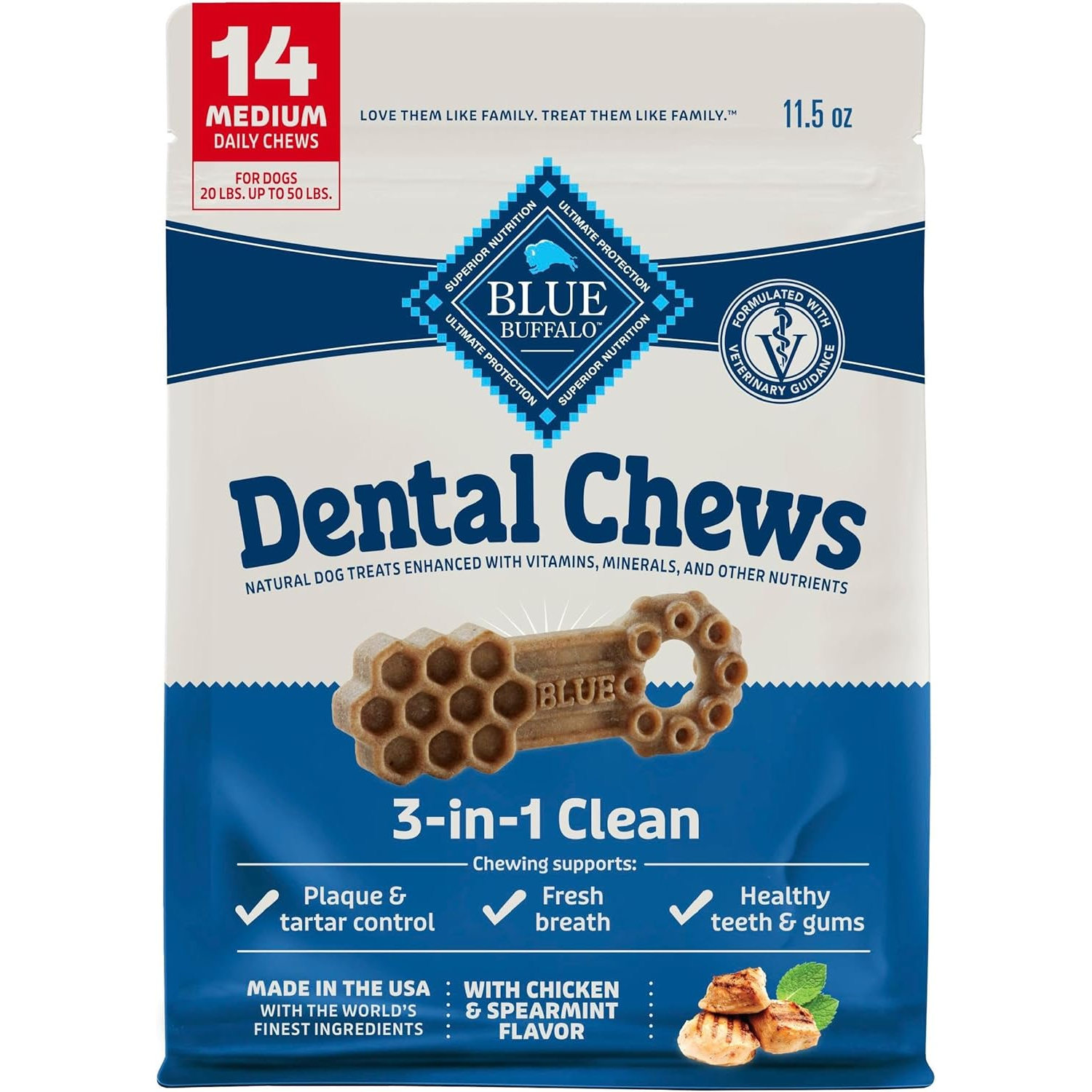 Blue Buffalo 3-In-1 Medium Sized Dog Dental Chews, Chicken & Spearmint Flavor, 14-Ct