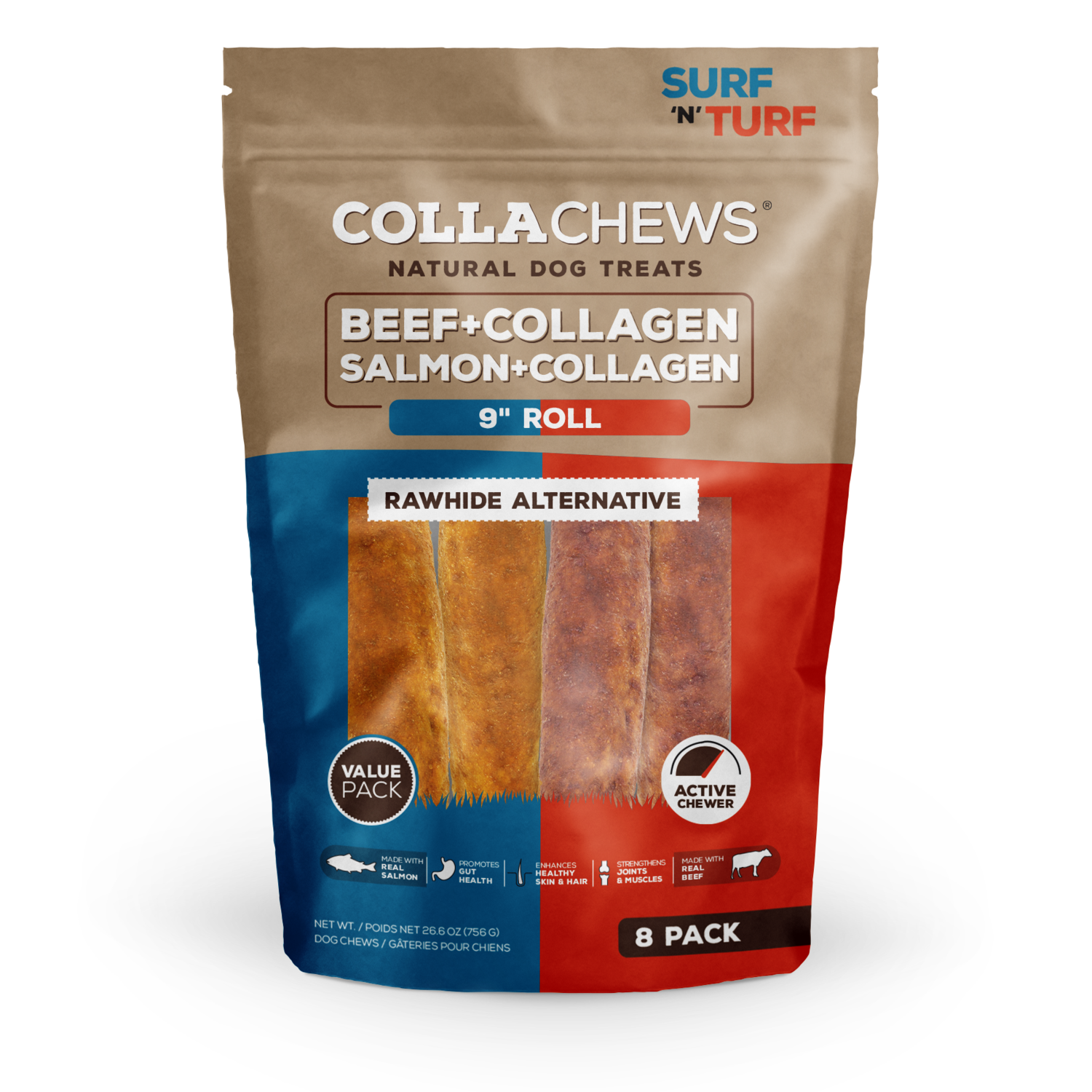 Collachews Collagen Rolls Rawhide Alternative Dog Treats, 9 - Salmon & Beef Flavor Variety Pack, 8 Pack