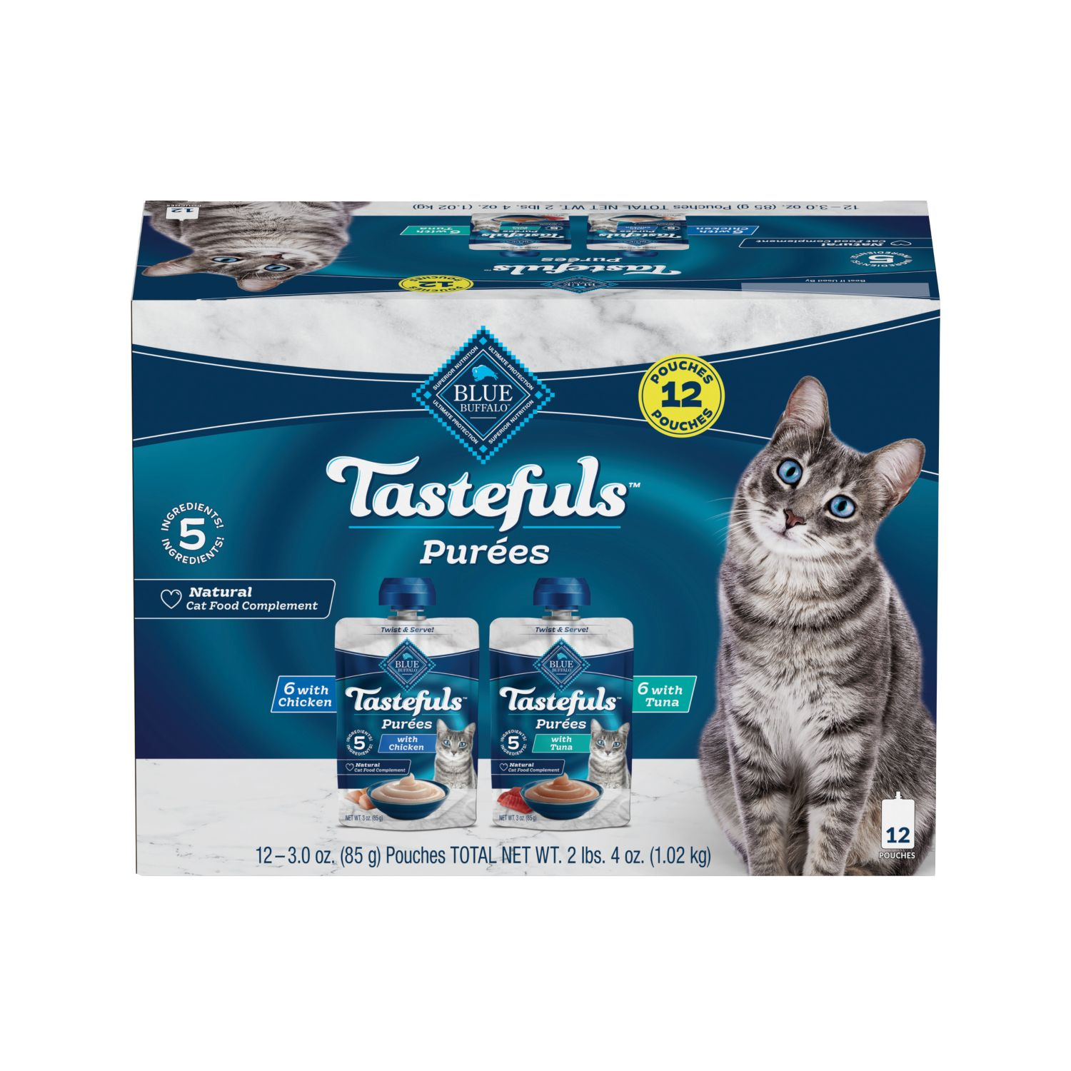 Blue Buffalo Tastefuls Purees Adult Wet Cat Food, Chicken & Tuna Variety Pack, 3-Oz - Pack Of 12
