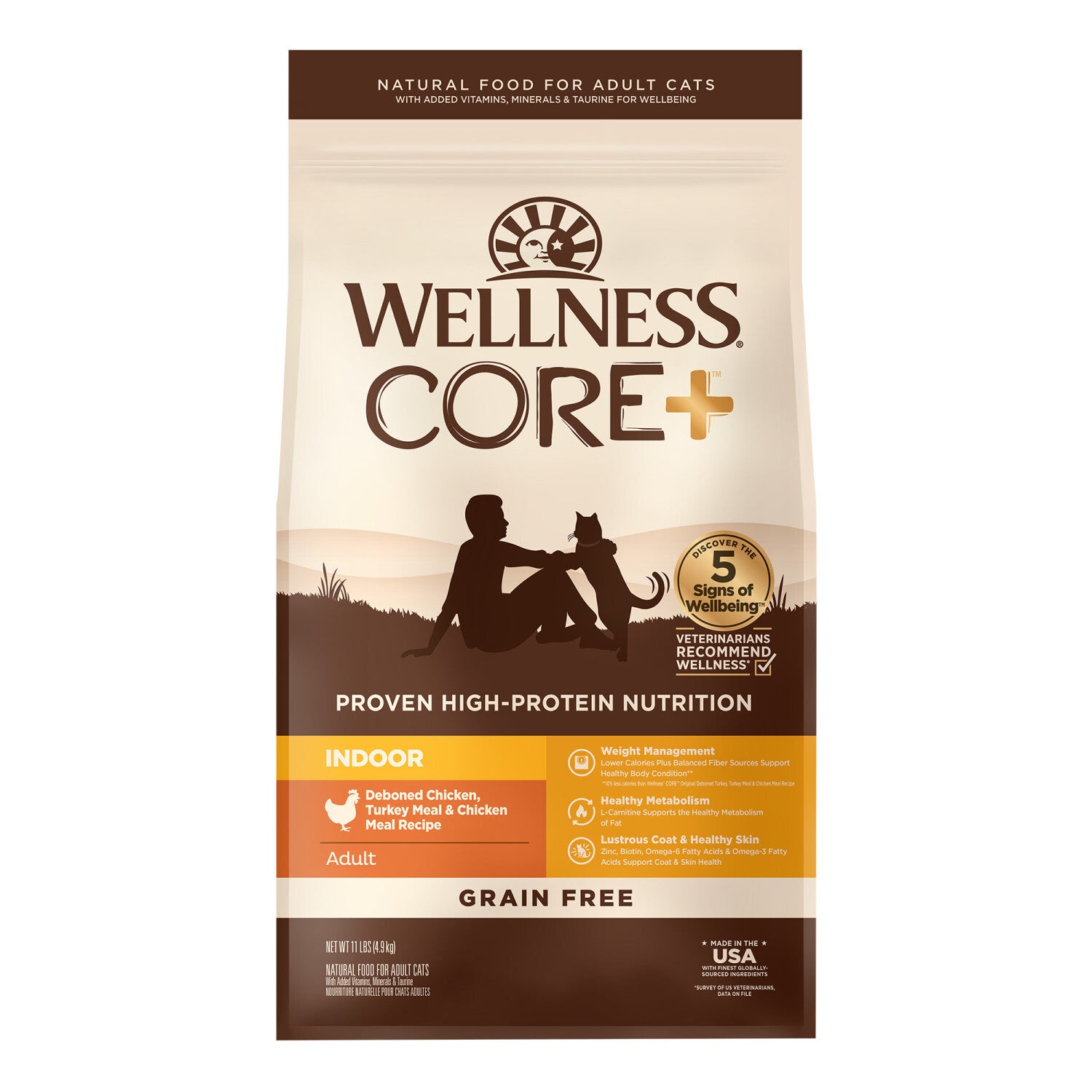 Wellness Core+ Adult Dry Cat Food For Indoor Cats, Grain Free, Natural, Chicken, Turkey & Chicken Meal - 5-Lb