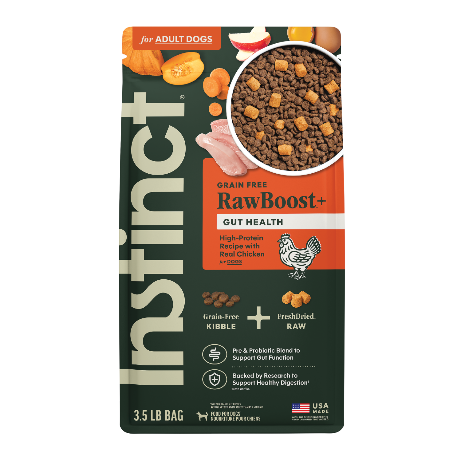 Instinct Raw Boost Gut Health Adult Dry Dog Food, Grain-Free Chicken Recipe, 3.5-Lb