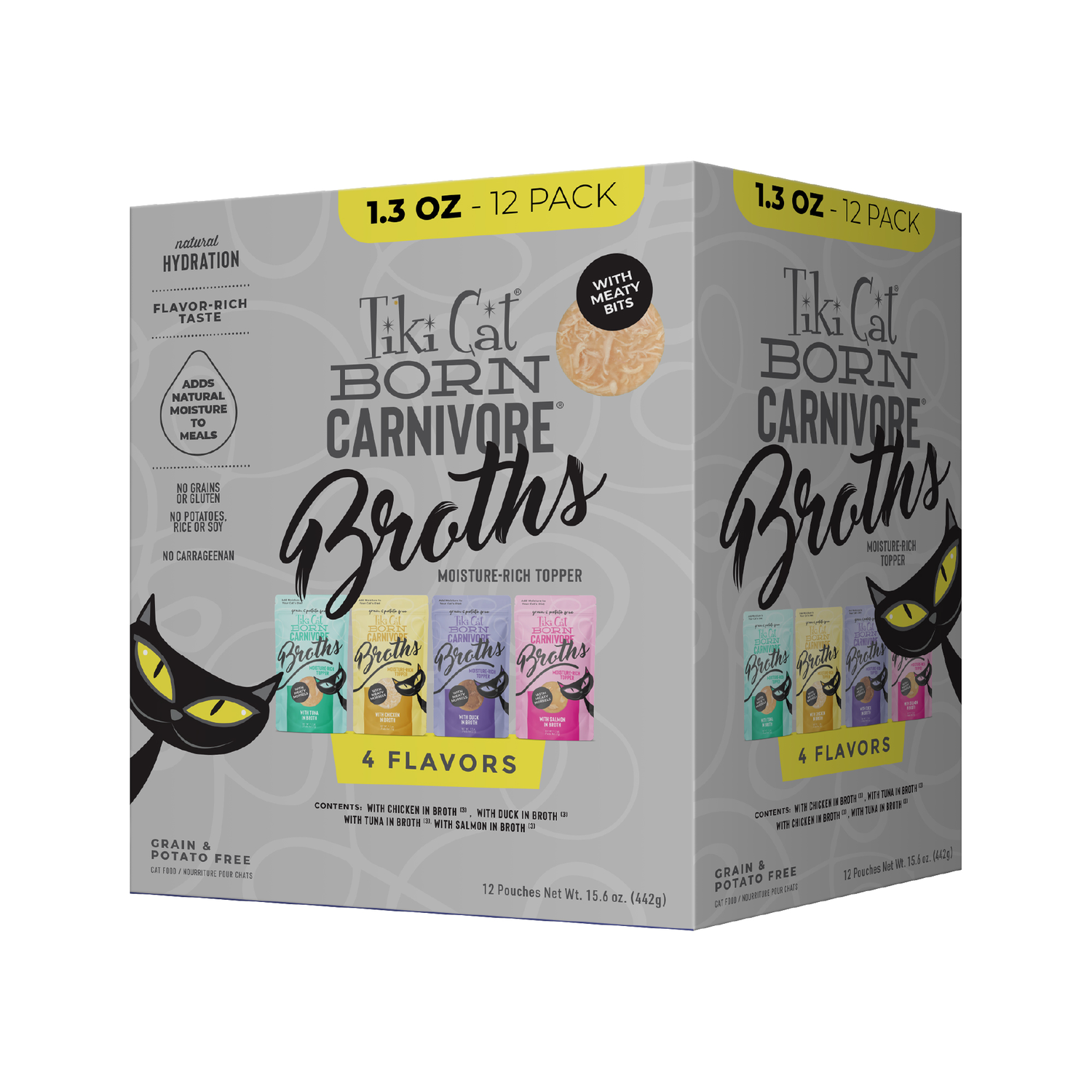 Tiki Cat Born Carnivore Broths Wet Cat Food Toppers, Variety Pack, 1.3-Oz Pouches 12-Count