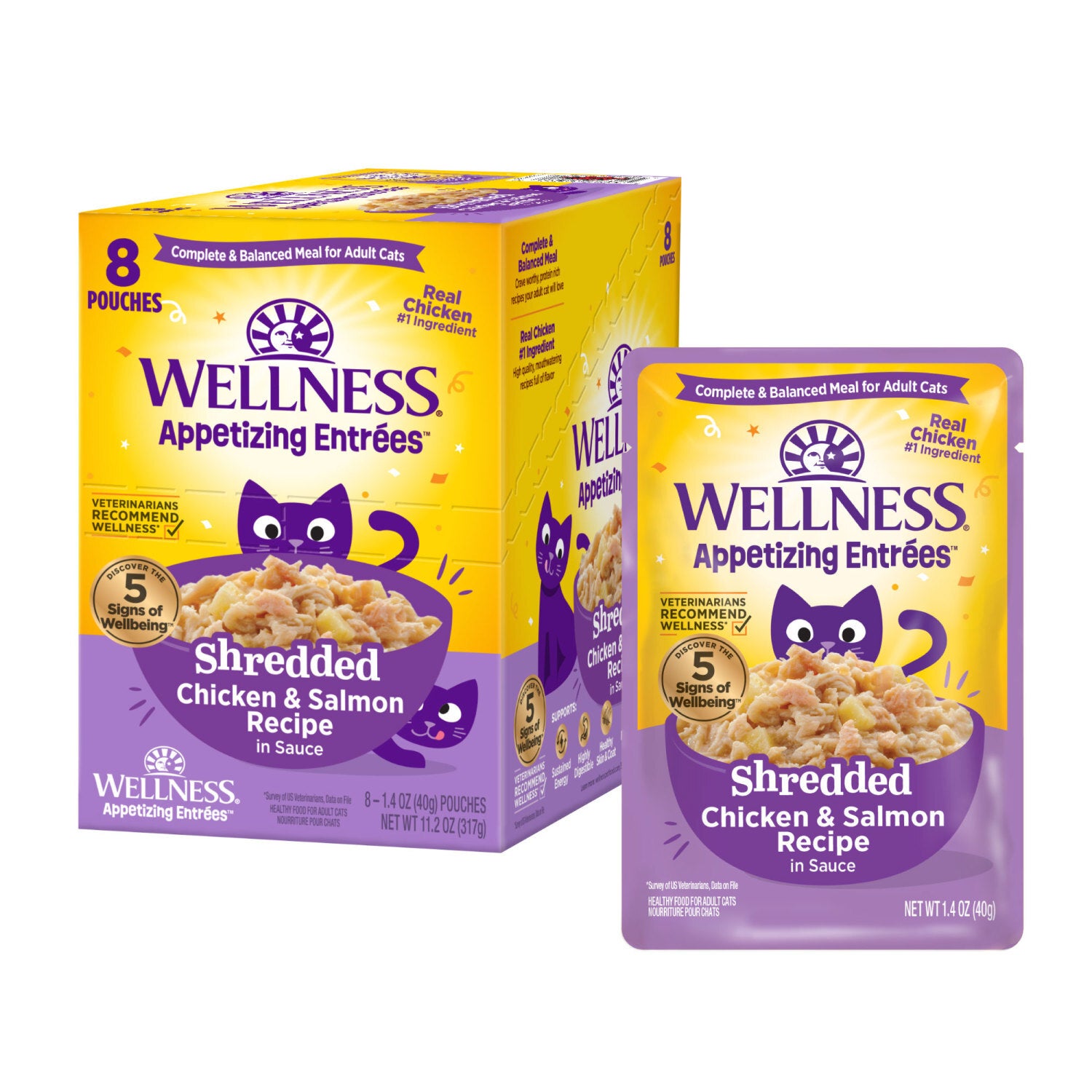 Wellness Appetizing Entrees Shredded Adult Wet Cat Food, Natural, Protein-Rich, Grain-Free Chicken & Salmon Recipe, 1.4 Ounce Pouch 8-Pack