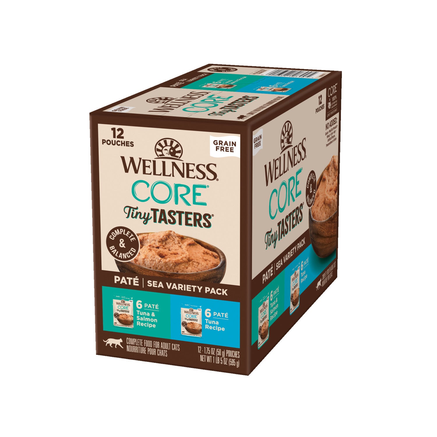 Wellness Core Tiny Tasters Pate Adult Wet Cat Food, Natural, Protein-Rich, Grain Free, 1.75-Ounce Pouch, 12 Pack, Seafood Variety Pack