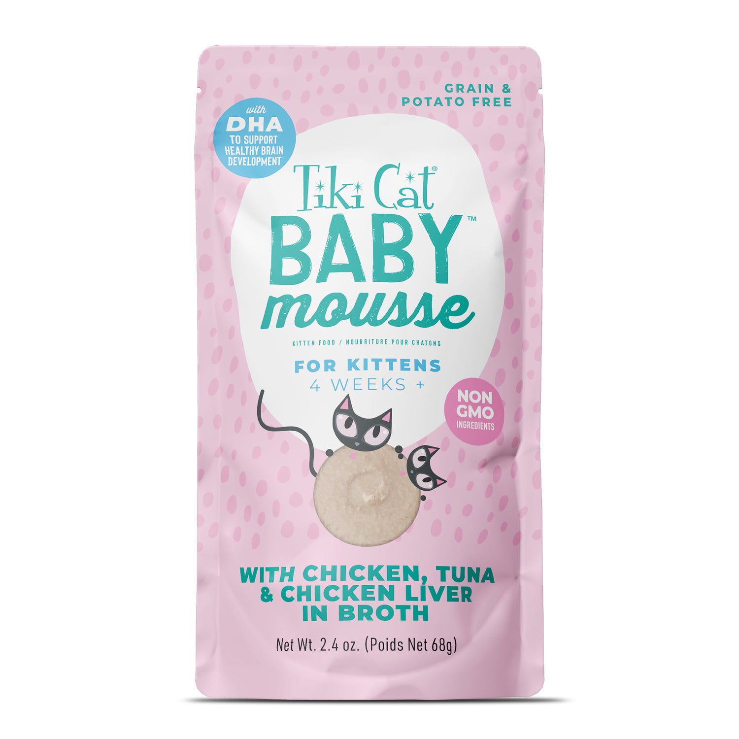 Tiki Cat Baby Mousse Wet Cat Food, Chicken, Tuna & Chicken Liver, 2.4-Oz Pouch Pack Of 12