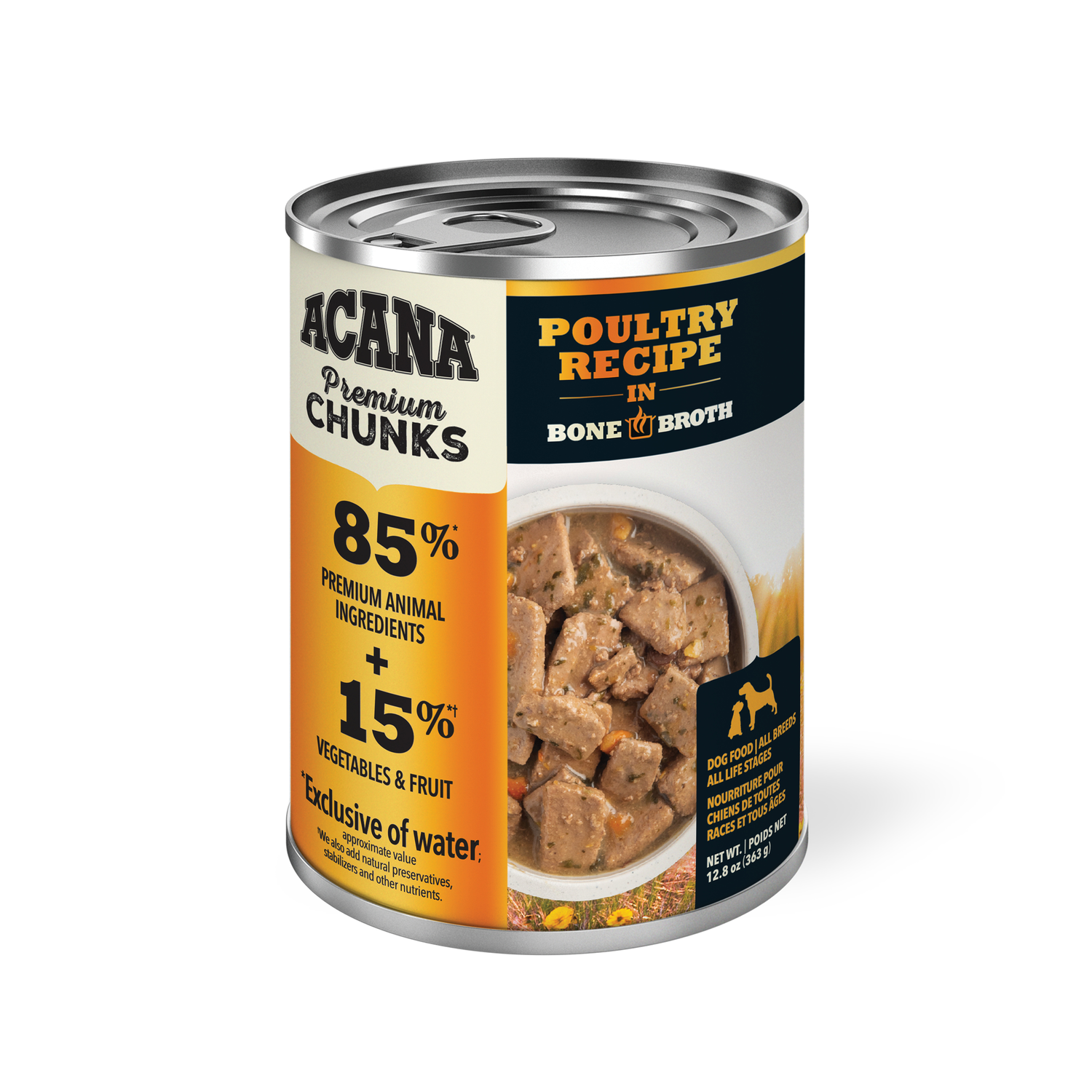 Acana Premium Chunks Poultry Recipe In Bone Broth Wet Dog Food, 12.8-Oz Pack Of 12