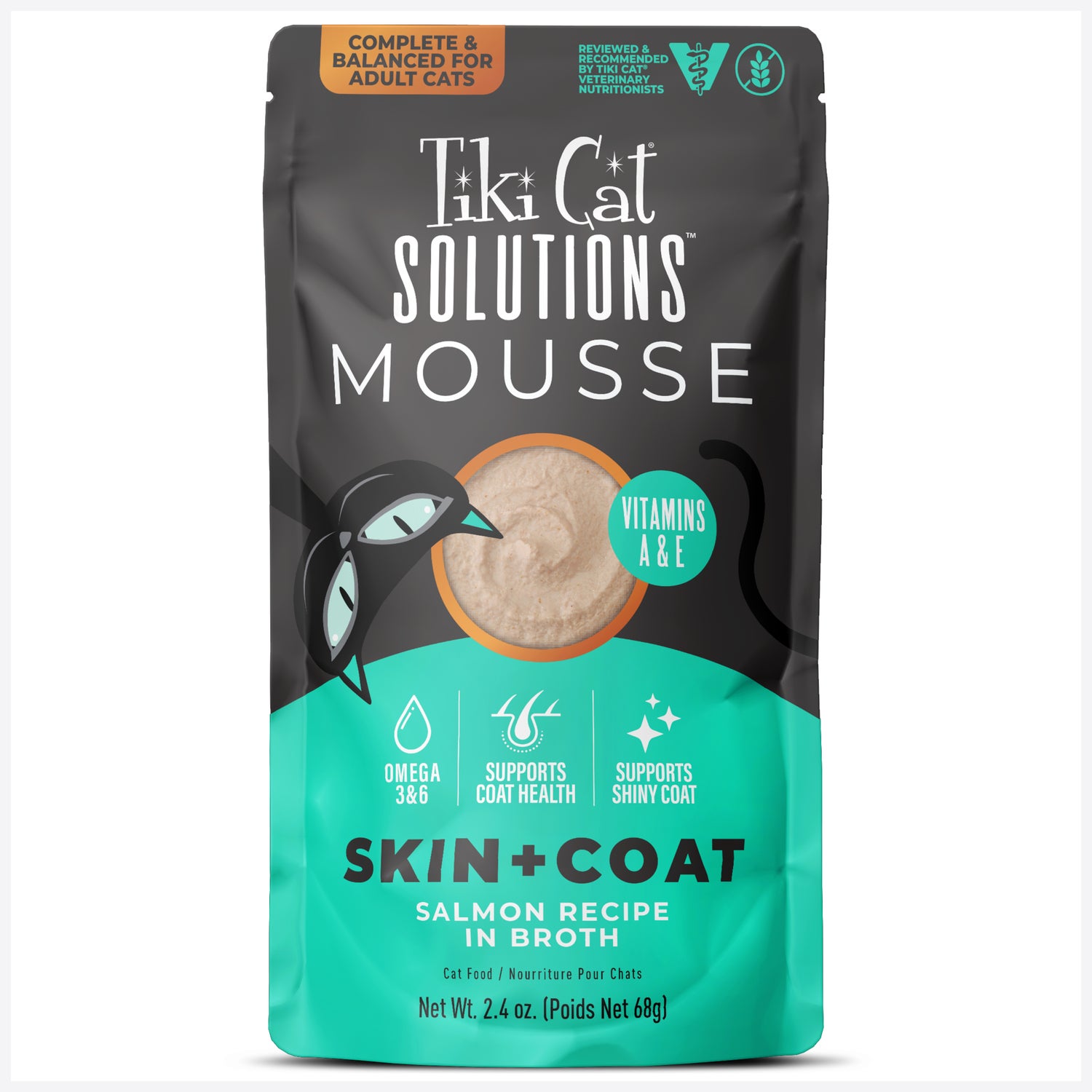 Tiki Cat Solutions Mousse Wet Cat Food, Skin + Coat, Salmon Recipe In Broth, 2.4-Oz Pouch Pack Of 12