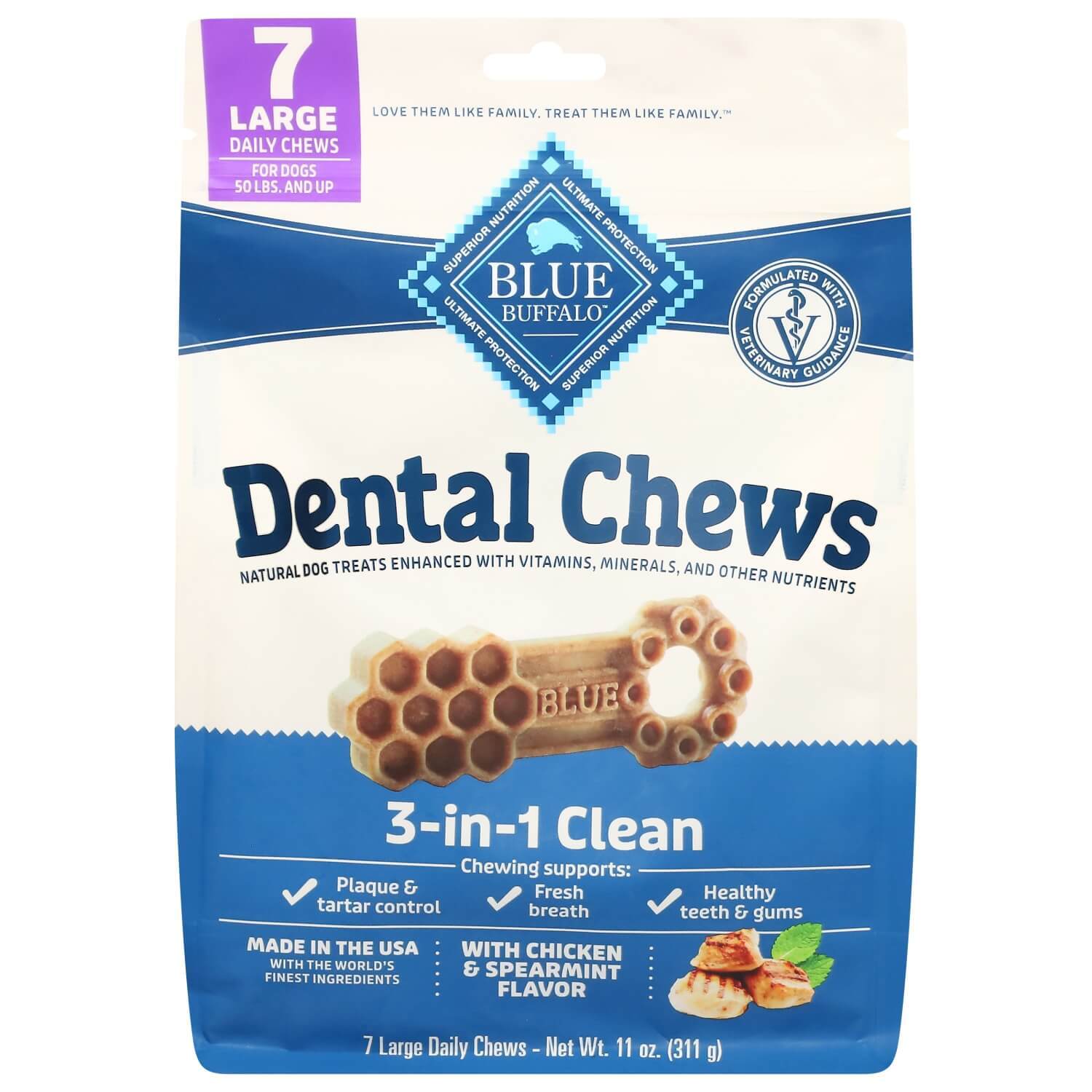 Blue Buffalo 3-In-1 Large Dog Dental Chews With Chicken & Spearmint Flavor, 7 Ct